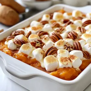 For this easy sweet potato casserole, I use simple and tasty ingredients. Here&rsquo;s what you need: - 4 large sweet potatoes, peeled and cubed - 1/2 cup brown sugar - 1/4 cup maple syrup - 1/2 cup unsalted butter, melted - 1 teaspoon vanilla extract - 1 teaspoon ground cinnamon - 1/2 teaspoon ground nutmeg - 1/4 teaspoon salt - 1 cup mini marshmallows - Optional: 1/2 cup chopped pecans or walnuts Each ingredient adds its own flavor and texture. Sweet potatoes give a creamy base, while brown sugar and maple syrup add sweetness. The butter makes it rich, and vanilla adds depth. Cinnamon and nutmeg bring warmth and spice. Salt balances the sweetness. Finally, mini marshmallows on top give a fun, toasted finish. If you want crunch, add chopped nuts! These ingredients come together for a delightful dish everyone will love. {{ingredient_image_1}} 1. Preheating the oven Start by setting your oven to 350&deg;F (175&deg;C). This step is key to cooking your casserole evenly. 2. Boiling the sweet potatoes Fill a large pot with salted water and bring it to a boil. Once boiling, add 4 large sweet potatoes, peeled and cubed. Cook them for about 15-20 minutes until they are fork-tender. Drain the sweet potatoes and set them aside. 3. Mashing the sweet potatoes In a large mixing bowl, take your drained sweet potatoes and mash them with a fork or potato masher. Aim for a smooth texture, which helps the flavors mix well. 4. Mixing in other ingredients Add 1/2 cup brown sugar, 1/4 cup maple syrup, and 1/2 cup melted unsalted butter to the mashed sweet potatoes. Then, mix in 1 teaspoon vanilla extract, 1 teaspoon ground cinnamon, 1/2 teaspoon ground nutmeg, and 1/4 teaspoon salt. Stir everything until combined and smooth. 1. Transferring the mixture to a baking dish Grease a 9x13 inch baking dish and pour the sweet potato mixture into it. Spread the mixture evenly across the dish. 2. Adding toppings Sprinkle 1 cup of mini marshmallows on top of the sweet potato layer. Make sure to cover the mixture evenly. If you want extra crunch, you can add 1/2 cup chopped pecans or walnuts. 3. Baking time and temperature Place the baking dish in the preheated oven. Bake for 25-30 minutes. Look for the marshmallows to turn golden brown and toasted. When ready, remove the dish from the oven and let it cool slightly before serving. To get fork-tender sweet potatoes, boil them until soft. This usually takes 15 to 20 minutes. You want them to break apart easily when poked with a fork. After boiling, drain them well to remove excess water. When mashing sweet potatoes, use a fork or potato masher. Mash until smooth for a creamy texture. Avoid using a blender, as it can make them gummy. If you like, you can mix in some melted butter while mashing for extra creaminess. You can boost the flavor with extra spices. Try adding a pinch of ginger or allspice for a warm, inviting taste. If you want a richer sweetness, use honey or agave syrup instead of maple syrup. You can also experiment with flavored extracts. A splash of almond extract can add a nice twist. Just be careful not to add too much, as it can overpower the dish. To make your casserole look great, add some garnishes. A light sprinkle of cinnamon on top can add color and flavor. You can also use chopped pecans or walnuts for a crunchy finish. When serving, try a dollop of whipped cream or a scoop of vanilla ice cream. This makes the dish feel special. Always serve it warm to enjoy the best flavors and texture! Pro Tips Choose the Right Sweet Potatoes: Look for firm, smooth-skinned sweet potatoes without any bruises or blemishes for the best flavor and texture. Adjust Sweetness to Taste: Depending on personal preference and the natural sweetness of the sweet potatoes, you can reduce or increase the amount of brown sugar and maple syrup. Make Ahead: This casserole can be prepared in advance. Assemble it and store it in the refrigerator overnight, then bake when ready to serve. Experiment with Toppings: Feel free to mix up the toppings! Try adding crushed graham crackers or coconut flakes along with or instead of the marshmallows for added flavor. {{image_2}} For those who follow a vegan diet, you can make easy swaps. Use coconut oil instead of butter. Replace the eggs with flaxseed meal or applesauce. You can also skip the mini marshmallows or find vegan versions. For gluten-free options, this recipe is already safe. Just make sure your sugar and toppings are gluten-free. If you're looking for alternative sweeteners, try using agave syrup or honey. These can add a different flavor. You can also reduce the amount of brown sugar if you want it less sweet. For topping alternatives, instead of marshmallows, consider using crushed nuts or a sprinkle of oats. Both add a nice crunch. In the South, sweet potato casserole often has a crunchy pecan topping. Mixing in some orange juice or zest can brighten the dish. For an international twist, consider adding spices like cardamom or ginger. Some cultures even add coconut milk for a creamy texture. Each variation brings new flavors to this classic dish. To keep your sweet potato casserole fresh, store it properly. - Refrigeration guidelines: Place leftovers in an airtight container. It can last for about 3 to 5 days in the fridge. Always let it cool down before sealing the container. - Freezing instructions: If you want to save it longer, freeze the casserole. Wrap it tightly in plastic wrap and then in foil. This way, it can last for up to 3 months. Label the package with the date for easy tracking. When you're ready to enjoy leftovers, use these reheating tips. - Best methods for reheating: The oven is the best choice. Preheat it to 350&deg;F (175&deg;C). Place the casserole in a baking dish and cover it with foil. Heat for about 20 to 25 minutes. You can also use the microwave for quick reheating. Just cover it and heat in short intervals until warm. - Keeping the texture intact: To keep the sweet potatoes creamy, avoid overheating. Stir gently if reheating in the microwave. This helps prevent drying out the dish. Sweet potato casserole lasts about three to five days in the fridge. Make sure you store it in an airtight container. This keeps it fresh and tasty. Yes, you can make sweet potato casserole ahead of time. Prepare it a day before and store it in the fridge. Just bake it when you are ready to serve. This saves time on busy days. Absolutely! Fresh sweet potatoes are great for this dish. Peel and cube them, then boil until fork-tender. They will taste fantastic and add a nice texture. You can serve sweet potato casserole with turkey, ham, or roasted chicken. It pairs well with green beans or a fresh salad. These sides balance the sweetness of the casserole. Sweet potato casserole can be healthy, especially if you control the sugar. Sweet potatoes are full of vitamins and fiber. Using less brown sugar and butter can make it even healthier. This blog post covered all you need to make sweet potato casserole. We explored key ingredients, preparation steps, baking tips, and variations. You can adjust the recipe for your diet or region. Don&rsquo;t forget to store leftovers correctly for the best taste later. Sweet potato casserole is a comforting dish that fits any table. Embrace your creativity and enjoy making this delicious meal with loved ones. You now have all the tools to create a tasty casserole, so get started!