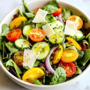 - 4 cups mixed greens (spinach, arugula, and romaine) - 1 cup cherry tomatoes, halved - 1 cucumber, thinly sliced - 1/4 cup red onion, thinly sliced - Fresh basil leaves for garnish I love using mixed greens for this salad. They add a nice crunch and color. Spinach gives a mild flavor. Arugula adds a peppery touch, and romaine provides crispness. Cherry tomatoes bring sweetness. Halving them makes them easy to eat. Cucumbers add a refreshing bite. Slicing them thin helps mix the flavors. Red onion gives a sharp taste, which is balanced by the other ingredients. Fresh basil leaves add a lovely aroma. They make the salad feel special. - 1/2 cup shaved Parmesan cheese - 2 tablespoons olive oil - 2 tablespoons fresh lemon juice - 1 teaspoon honey - Salt and pepper to taste Shaved Parmesan cheese is a star in this salad. It adds a salty flavor that pairs well with greens. Olive oil makes the dressing rich and smooth. Fresh lemon juice brightens the taste. It gives the salad a zesty kick. Honey adds a touch of sweetness to balance the tartness. Salt and pepper are key for seasoning. You can adjust them to your liking. - Caloric value per serving: about 120 calories - Breakdown of macronutrients: 7g carbs, 9g fat, 3g protein - Health benefits of key ingredients: This salad is low in calories but full of nutrients. The mixed greens are high in vitamins A and C. Cherry tomatoes provide antioxidants that are great for your skin. Cucumbers keep you hydrated. Olive oil is heart-healthy, and Parmesan gives you calcium. Lemon juice aids digestion and adds vitamin C. Each bite not only tastes good but is also healthy. Enjoy this salad without guilt! {{ingredient_image_1}} First, wash the mixed greens under cold water. Spin them dry in a salad spinner or pat them with a clean towel. This step keeps your salad crisp. Next, slice the cherry tomatoes in half. Their sweetness adds a nice touch. Now, take the cucumber and slice it thinly. This gives a refreshing crunch. Lastly, slice the red onion into thin pieces. This will add a sharp flavor that balances the salad. For the dressing, you will need: - 2 tablespoons olive oil - 2 tablespoons fresh lemon juice - 1 teaspoon honey - Salt and pepper to taste In a small bowl, combine the olive oil, lemon juice, honey, salt, and pepper. Use a whisk to mix them together. Whisk until the dressing looks smooth and blended. This emulsified dressing will coat the salad evenly. In a large mixing bowl, toss the mixed greens, halved cherry tomatoes, cucumber, and sliced red onion together. Make sure all the veggies mix well. Drizzle the dressing over the salad mix. Toss gently to ensure every piece gets dressed. Now, add the shaved Parmesan cheese on top. Lightly toss again to distribute the cheese. Finally, taste your salad. Adjust the seasoning if needed. Serve it right away, garnished with fresh basil leaves for that extra aroma. To boost the taste of your Minute Lemon Parmesan Salad, add fresh herbs. Consider using parsley, cilantro, or dill for a twist. Each herb brings its own flavor and aroma, enhancing your salad. You can also change the balance of the dressing. If you want more zing, add extra lemon juice. For sweetness, mix in a bit more honey. Taste as you go to find your perfect balance. You can save time by pre-chopping your ingredients. Wash and slice the greens or cut the veggies the night before. Store them in airtight containers in the fridge. This way, you can quickly toss your salad together. For a fast assembly, keep your cheese and dressing ready to go. This will cut down your prep time by several minutes. This salad pairs well with grilled chicken or fish. The fresh flavors complement rich main dishes nicely. To impress your guests, serve it in a clear bowl. This lets the colorful veggies shine. You can also add a sprinkle of nuts or seeds on top for crunch. Pro Tips Fresh Ingredients: Always opt for fresh, high-quality produce to enhance the flavors of your salad. Chill Your Greens: For a refreshing crunch, chill your mixed greens in the refrigerator before assembling the salad. Customize Your Cheese: Feel free to substitute shaved Parmesan with other hard cheeses like Pecorino Romano for a different flavor profile. Make Ahead: Prepare the salad ingredients in advance, but dress the salad just before serving to keep it fresh and vibrant. {{image_2}} You can change the mixed greens in this salad. Try using kale or romaine instead. If you want a nutty taste, add some arugula. You can also switch cherry tomatoes for diced bell peppers or radishes. For a protein boost, grilled chicken works great. If you're looking for a plant-based option, chickpeas are perfect too. They add texture and protein without meat. You can use different dressings to change the flavor. A creamy dressing adds richness. Try a simple yogurt or ranch dressing for a twist. For a lighter taste, stick with a vinaigrette. You can also play with citrus flavors. Lime or orange juice can work well with the lemon. Each option brings its own unique taste to the salad. Adapt this salad to fit the seasons. In summer, add fresh berries or corn for sweetness. Winter salads can include roasted squash or apples for warmth. You can also use seasonal herbs like mint in spring. Each season brings new produce, so keep an eye out for local options. This way, you can always enjoy fresh and tasty salads year-round. To store leftovers, place the salad in an airtight container. This keeps it fresh. You can keep it in the fridge for up to two days. After that, the greens may wilt and lose their crunch. You can prep the ingredients a day ahead. Wash and slice the veggies and keep them in separate containers. Assemble the salad just before you serve it. This way, it stays crisp and bright. You should not freeze this salad. Freezing changes the texture of the greens and tomatoes. If you want to save ingredients, consider freezing the dressing separately. Just remember to use it within three months! Yes, you can make this salad vegan. To do this, you need to swap out the cheese and honey. Use a dairy-free cheese for the Parmesan. You can find these in most stores. For the honey, use maple syrup or agave nectar. This keeps the sweet flavor without using honey. This salad pairs well with many dishes. Here are some great options: - Grilled chicken or tofu for protein. - Quinoa or brown rice for a filling side. - Garlic bread or pita for a nice crunch. - A light soup like tomato or minestrone. These sides add variety and balance to your meal. To make this salad gluten-free, check your dressing and toppings. Most olive oils and lemon juice are gluten-free. Ensure your vinegar is safe too. For the cheese, use a gluten-free brand. Always check the labels for hidden gluten in products. This way, you enjoy the salad without worry. This blog post showed you how to create a fresh and tasty salad. We covered the best ingredients, helpful tips, and simple steps for making it. With the right veggies, dressing, and additions, you can boost the flavor and nutrition of your meals. Don&rsquo;t forget the storage tips to keep leftovers fresh. With these tools, you can impress friends and family, no matter the season. Enjoy experimenting with your salad variations!