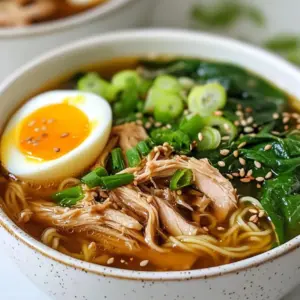 - 2 boneless, skinless chicken breasts - 4 cups low-sodium chicken broth - 2 packets of instant ramen noodles (discard flavor packets) - 1 cup shiitake mushrooms, sliced - 2 cups baby spinach - 2 green onions, sliced - 3 cloves garlic, minced - 1 tablespoon grated fresh ginger - 2 tablespoons soy sauce - 1 tablespoon sesame oil - 2 soft-boiled eggs (optional) - Salt and pepper, to taste - Sesame seeds, for garnish Let&rsquo;s dive into each ingredient for your Easy Chicken Ramen! First, you need chicken breasts. They add protein and flavor. I like using boneless and skinless because they cook fast. Next, chicken broth is key. It forms the base of the soup. Using low-sodium broth keeps the dish healthy and lets you control the salt. Now, instant ramen noodles are a must. They cook quickly and soak up all the yummy broth. Remember to toss the flavor packets; we will make our own. For added flavor and texture, shiitake mushrooms are perfect. They bring a rich taste that complements the chicken. Baby spinach adds color and nutrients. It wilts nicely in the hot broth. Green onions are great as a fresh topping. They add a mild onion flavor and look pretty. Garlic and ginger pack a punch. Minced garlic gives a strong taste, while grated ginger adds warmth and spice. Soy sauce enhances the broth&rsquo;s flavor. It adds depth and umami. Sesame oil brings a nice aroma. Just a little goes a long way. Soft-boiled eggs are optional but delicious. They add creaminess to your ramen. Finally, season with salt and pepper to taste. Don&rsquo;t forget sesame seeds for a crunchy finish! Gather these ingredients, and you are on your way to a warm and cozy bowl of ramen. {{ingredient_image_1}} To poach chicken breasts perfectly, start with a large pot of water. Bring the water to a gentle boil. Carefully add the chicken breasts. Poach them for 15 to 20 minutes. Check that they are cooked through. Remove them from the pot and let them cool. Then, use two forks to shred the chicken into bite-sized pieces. This shredded chicken will add great flavor to your ramen. In a large saucepan, heat sesame oil over medium heat. Add minced garlic and grated ginger. Saut&eacute; them for about one minute until they smell great. Next, pour in four cups of low-sodium chicken broth. Bring the broth to a gentle simmer. Add one cup of sliced shiitake mushrooms and two tablespoons of soy sauce. Let this mixture cook for five minutes. This broth will be the heart of your ramen. Now, add two packets of instant ramen noodles to the broth. Cook the noodles according to the package instructions, which usually take about three to four minutes. Stir them often to keep them from sticking together. Once the noodles are cooked, toss in two cups of baby spinach and the shredded chicken. Let the spinach wilt for about two minutes. If you want to add soft-boiled eggs, now is the time. Boil some eggs in a separate pot for six to seven minutes. After that, place them in an ice bath to cool. Once cooled, peel the eggs and slice them in half. To serve, ladle the ramen into bowls. Top each bowl with half a soft-boiled egg, sliced green onions, and a sprinkle of sesame seeds. Enjoy your tasty chicken ramen! To make your broth taste great, start by adding soy sauce slowly. Taste as you go. If it&rsquo;s too salty, add more broth or water. If it&rsquo;s bland, a pinch of salt can help. Avoid common mistakes like boiling the broth too hard. This can make it cloudy. Always simmer gently for a clear, tasty broth. Texture is key for ramen. You want a mix of soft and crunchy. The noodles should be tender, while the spinach stays bright and fresh. For a beautiful bowl, use deep bowls. Layer your ingredients. Place the soft-boiled egg on top, cut in half. Add green onions and sprinkle sesame seeds for extra flair. Manage your time by multitasking. While the chicken cooks, prep your veggies. Get your broth simmering as you cook the noodles. This saves time and keeps everything warm. To soft-boil eggs, cook them for 6-7 minutes in boiling water. Then, place them in ice water. This makes peeling easy and keeps them soft inside. Pro Tips Perfect Poaching: For tender chicken, ensure the water is simmering gently, not boiling vigorously, to avoid toughening the meat. Flavorful Broth: Enhance the depth of flavor by adding a dash of mirin or rice vinegar to the broth just before serving. Texture Contrast: For added texture, consider topping your ramen with crispy fried shallots or nori for a delightful crunch. Egg Perfection: To achieve the perfect soft-boiled egg, start with eggs at room temperature and place them in boiling water for exactly 6-7 minutes before cooling in an ice bath. {{image_2}} You can swap the chicken for other proteins. Tofu is a great choice. It soaks up flavors well. Shrimp or beef also works nicely. Each option adds its unique taste. For veggies, consider adding carrots or bell peppers. They boost nutrition and flavor. You can also use kale instead of spinach. It has a hearty texture and lots of vitamins. You can adjust the spice level to your liking. Add red pepper flakes for heat. Start with a small amount and taste as you go. If you want a kick, try sriracha or chili oil. Flavor enhancers can transform your ramen. A splash of lime juice brightens the dish. Try adding miso paste for depth. A little goes a long way and adds umami. To make a plant-based version, use vegetable broth. Swap chicken with firm tofu or tempeh. Saut&eacute; them until golden for extra flavor. Replace eggs with avocado slices for creaminess. You can also add more mushrooms or tofu for protein. A dash of soy sauce or tamari enhances the taste. To keep your leftover ramen fresh, refrigerate it soon after serving. Place the ramen in airtight containers. This helps keep out air and moisture. Always store the broth and noodles together to prevent sogginess. Avoid adding toppings until you are ready to eat. This keeps them fresh and crunchy. Freezing ramen is an option if you have extra. First, let the ramen cool down. Then, separate the broth from the noodles. Use freezer-safe bags or containers. It is best to freeze the noodles and broth separately. This way, the noodles won&rsquo;t get mushy. When ready to eat, thaw the broth in the fridge overnight. Reheat it in a pot and add the noodles until warm. Ramen can last in the fridge for about 3 to 4 days. Keep an eye out for signs of spoilage. If the broth smells off or if you see mold, it&rsquo;s time to toss it. If the noodles feel slimy, they are no longer safe to eat. Always trust your senses when deciding if food is good or bad. Yes, you can use regular ramen noodles. They will have a chewier texture. Cooking time may vary. Boil them for about 4-5 minutes or until tender. Adjust the broth timing to avoid overcooking. You can use other mushrooms, like button or cremini. Both will add a nice flavor. If you want a different taste, try using diced zucchini or bell peppers instead. To make it gluten-free, use gluten-free ramen noodles. Look for brands made from rice or buckwheat. For the broth, ensure your soy sauce is gluten-free. Tamari is a great option. Yes, you can cook the chicken ahead of time. Store it in an airtight container. Keep it in the fridge for up to four days. Shredded chicken freezes well too. Just thaw it in the fridge overnight before using. This article guided you through making easy chicken ramen. We covered ingredients, cooking steps, tips, variations, and storage methods. You can adapt recipes to suit your taste and dietary needs. Keep these tips in mind for a great bowl every time. Enjoy the comfort and warmth of homemade ramen, and don't hesitate to get creative with your ingredients. Whether it&rsquo;s adding spice or trying a new veggie, have fun with it! Cooking is all about experiment and joy.