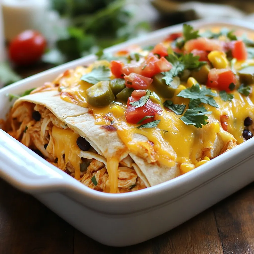- 2 cups cooked chicken, shredded - 1 cup cooked rice (brown or white) - 1 can black beans, drained and rinsed - 1 cup corn (frozen or canned) - 1 can diced tomatoes with green chilies - 1 cup salsa - 1 teaspoon cumin - 1 teaspoon chili powder - 1 teaspoon garlic powder - 1 cup shredded cheddar cheese - 1 cup shredded Monterey Jack cheese The core ingredients of the Chicken Burrito Casserole create a perfect blend of flavors. Cooked chicken gives it protein. Rice adds a comforting base. Black beans and corn bring texture and fiber, while diced tomatoes with green chilies add a spicy kick. Seasonings like cumin, chili powder, and garlic powder enhance the taste. Finally, the cheeses melt into a gooey layer that ties it all together. - 4 large flour tortillas - 1/4 cup fresh cilantro, chopped (for garnish) Using flour tortillas is optional but highly recommended. They create a lovely layer in the casserole. You can cut them to fit your dish. Fresh cilantro adds a burst of color and freshness on top. If you like sour cream, that’s a tasty option for serving too! Each ingredient plays a role in making this dish a hit at your table. {{ingredient_image_1}} First, preheat your oven to 350°F (175°C). This step ensures your casserole cooks evenly. While the oven heats, prepare the chicken mixture. In a large bowl, mix together: - 2 cups cooked chicken, shredded - 1 cup cooked rice (brown or white) - 1 can black beans, drained and rinsed - 1 cup corn (frozen or canned) - 1 can diced tomatoes with green chilies - 1 cup salsa - 1 teaspoon cumin - 1 teaspoon chili powder - 1 teaspoon garlic powder Stir this mixture well. You want every ingredient to blend nicely. Next, grab a 9x13 inch baking dish. Layer the bottom with two large flour tortillas. You may need to cut them to fit perfectly. Spread half of your chicken mixture evenly over the tortillas. Then, sprinkle half of the cheeses on top: - 1 cup shredded cheddar cheese - 1 cup shredded Monterey Jack cheese Repeat this process. Add two more tortillas, the remaining chicken mixture, and top with the rest of the cheese. Now, cover your baking dish with aluminum foil. Bake your casserole in the preheated oven for 25 minutes. This helps the flavors blend. After 25 minutes, take off the foil and bake for another 15 minutes. Look for bubbly and slightly golden cheese on top. Once done, let the casserole cool for about 5 minutes before slicing. Enjoy your delicious Chicken Burrito Casserole! For the best chicken in your casserole, use cooked rotisserie chicken. It saves time and adds great flavor. You can also use chicken breasts or thighs. Just cook them in a pot or bake them until fully done. To shred chicken quickly, use two forks. Hold the chicken with one fork and pull apart with the other. You can also use your hands if it cools down. For a faster method, try a stand mixer. Just place the cooked chicken in and mix on low until shredded. Spices make your casserole pop! I suggest adding more cumin or chili powder if you like heat. You can also mix in some smoked paprika for depth. Adding more vegetables boosts nutrition. Try bell peppers, zucchini, or spinach. Just chop them small and toss them in the chicken mix. They add color and crunch! Serve your casserole with toppings. Sour cream, guacamole, or sliced jalapeños all work well. Fresh cilantro adds a nice touch, too. For a pretty plate, slice the casserole into squares. Place them on a plate and top with a dollop of sour cream. Sprinkle with cilantro for a pop of green. This makes your meal look as good as it tastes! Pro Tips Use Rotisserie Chicken: For a quicker option, use store-bought rotisserie chicken to save time on prep. Customize Your Spice Level: Adjust the amount of chili powder and diced tomatoes with green chilies based on your heat preference. Layering Techniques: Ensure even distribution of ingredients by layering the mixture and cheeses thoroughly for consistent flavor in every bite. Make Ahead: Prepare the casserole a day in advance and refrigerate it. Just bake it when you're ready to serve! {{image_2}} You can easily make a vegetarian version of this dish. Instead of chicken, use tofu or more beans. Tofu absorbs flavors well. Just press it to remove extra water, then cube it and sauté. You can also add extra black beans or pinto beans for more protein. This way, you keep the texture hearty and filling. If you love heat, add jalapeños or hot sauce. Chopped jalapeños give a fresh kick. You can mix them into the chicken mixture. For more spice, drizzle hot sauce on top before baking. This adds a nice layer of flavor, making your dish even more exciting. For a gluten-free version, swap the flour tortillas for corn tortillas. You can also use gluten-free wraps. Check that your salsa and other ingredients are gluten-free too. This way, everyone can enjoy your chicken burrito casserole! To store your chicken burrito casserole in the fridge, let it cool first. Use an airtight container to keep it fresh. You can also cover the dish with plastic wrap or aluminum foil. This keeps moisture in and prevents it from drying out. The casserole can last up to four days in the fridge. If you want to freeze the casserole, it’s best to do this before baking. After assembling, cover it well with plastic wrap and then foil. This prevents freezer burn and keeps it tasty. You can freeze it for up to three months. When you're ready to eat, just thaw it overnight in the fridge. To reheat, the best method is in the oven. Preheat it to 350°F (175°C). Remove any foil and bake for about 20 minutes. This keeps the cheese melty and the casserole hot without drying it out. If you’re in a hurry, you can use the microwave, but the oven gives better results. You can easily change the heat in this dish. If you want less spice, skip the diced tomatoes with green chilies. Instead, use plain diced tomatoes. You can also add more salsa for flavor without the heat. For more spice, add diced jalapeños or a splash of hot sauce. A pinch of cayenne pepper also works well. Just remember to taste as you go, so it fits your heat level. Yes, you can prep this casserole in advance. Mix the chicken, rice, beans, corn, and spices. Layer it in the dish with the tortillas and cheese. Cover it well and store it in the fridge for up to 24 hours. When ready to bake, add a few extra minutes to the cooking time. This makes it great for busy days or meal prep! If you need a tortilla swap, there are great options. Corn tortillas work well and add a nice flavor. You can also use whole wheat tortillas for a healthier choice. If you're gluten-free, choose gluten-free tortillas made from rice or corn. All of these options will still give you a tasty casserole base! You can make a tasty chicken burrito casserole using simple steps and fresh ingredients. We explored core ingredients like cooked chicken and rice, plus optional flour tortillas and cilantro. The step-by-step guide showed how to prepare, layer, and bake perfectly. Remember the tips to select great chicken and add flavor. You can also try variations for vegetarians or spice lovers. Lastly, proper storage keeps leftovers fresh for later. Enjoy your meal and feel free to customize it to your taste!