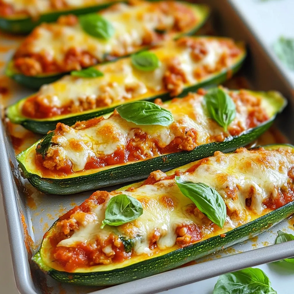 To make Chicken Parmesan Stuffed Zucchini Boats, you need: - 4 medium zucchini - 1 lb ground chicken - 1 cup marinara sauce - 1 cup shredded mozzarella cheese - 1/2 cup grated Parmesan cheese - 1 tablespoon olive oil These main ingredients create a hearty and satisfying dish. The zucchini serves as a healthy base. Ground chicken adds great flavor and protein. For taste, use these seasonings: - 1 teaspoon dried oregano - 1 teaspoon garlic powder - 1/2 teaspoon red pepper flakes (optional for heat) - Salt and pepper to taste These seasonings boost the flavor of the chicken and sauce. The red pepper flakes add a nice touch of heat. Pair your zucchini boats with these sides: - A fresh green salad - Garlic bread - Steamed vegetables These sides balance the meal well. They add freshness and crunch to your plate. Enjoy your Chicken Parmesan Stuffed Zucchini Boats with these tasty options! {{ingredient_image_1}} First, preheat your oven to 375&deg;F (190&deg;C). This step is key for even cooking. Next, take the zucchini and cut them in half lengthwise. Use a spoon to scoop out the inner flesh. Leave about 1/4 inch of the shell for support. Set the scooped-out zucchini flesh aside for later. In a skillet, heat 1 tablespoon of olive oil over medium heat. Once the oil is hot, add 1 pound of ground chicken. Cook until it turns brown, which takes about 5-7 minutes. Use a spoon to break up the chicken as it cooks. Then, stir in the reserved zucchini flesh, 1 cup of marinara sauce, 1 teaspoon of dried oregano, 1 teaspoon of garlic powder, and optional red pepper flakes. Add salt and pepper to taste. Cook this mixture for 3-4 minutes until it's well combined and heated. Remove the skillet from the heat and mix in half of the mozzarella cheese and all of the grated Parmesan cheese. This will make the mixture creamy. Place the hollowed zucchini halves in a baking dish. Spoon the chicken mixture evenly into each zucchini boat. Finally, top each boat with the remaining mozzarella cheese. Now, cover the baking dish with aluminum foil. Bake in the preheated oven for 20 minutes. After that, remove the foil and bake for an additional 10 minutes. This step allows the cheese to get bubbly and golden. When done, the zucchini should be tender. Let the boats cool for a few minutes. Garnish with fresh basil leaves to add flavor and color. Enjoy your delicious Chicken Parmesan Stuffed Zucchini Boats! To cook zucchini well, start with medium-sized ones. They hold their shape better. Cut them in half lengthwise. Scoop out the insides gently, leaving a sturdy shell. This helps them bake evenly. Preheat your oven to 375&deg;F (190&deg;C). Bake the zucchini for 20 minutes covered, then 10 more minutes uncovered. This method keeps them tender. For great cheese, choose fresh mozzarella. It melts better than pre-shredded types. Mix half of the cheese into the chicken mixture before baking. This ensures it melts fully. Top the stuffed zucchini with the rest of the cheese. Cover with foil when baking to prevent burning. Remove the foil for the last 10 minutes. This gives your cheese that golden, bubbly look. One mistake is overcooking the zucchini. This can make them mushy. Always check for tenderness with a fork. Another error is not seasoning enough. Salt and pepper enhance the flavors. Lastly, don't skip the fresh basil as a garnish. It adds color and fresh taste. Following these tips helps you create perfect chicken parmesan stuffed zucchini boats every time. Pro Tips Choose the Right Zucchini: Opt for medium-sized zucchinis for the best balance between tender flesh and sturdy structure. Larger zucchinis may have more seeds and a mushier texture. Flavor Boost: Enhance the flavor by adding chopped onions, bell peppers, or mushrooms to the chicken mixture. Saut&eacute; them along with the chicken for extra depth. Cheese Variations: Experiment with different types of cheese! Try adding provolone or gouda for a unique twist on the classic mozzarella and Parmesan combination. Make-Ahead Option: Prepare the stuffed zucchini boats ahead of time and store them in the refrigerator. Just bake them when you're ready to serve for a quick meal! {{image_2}} You can use different meats in your zucchini boats. Ground turkey or beef works well. These options add their own flavor and texture. Just cook them the same way as the chicken. You can also use shredded rotisserie chicken for quick prep. It gives a nice, tender bite to the dish. If you want a vegetarian meal, swap the chicken with mushrooms or lentils. Chopped mushrooms add a savory taste. Lentils are packed with protein and fiber. Cook these options in the same way as the chicken. Mix in your favorite veggies for extra flavor and nutrition. Bell peppers or spinach are great choices. Cheese makes this dish creamy and rich. While mozzarella and Parmesan are classic, you can try others. Fontina or provolone add a unique twist. These cheeses melt well and enhance the taste. For a tangy kick, use goat cheese. You can also mix different cheeses for more depth. Just remember to keep the cheese melty and gooey! After your meal, let the zucchini boats cool down. Place them in an airtight container. They will stay fresh in the fridge for up to three days. Be sure to keep the chicken and zucchini together. This way, the flavors stay nice. When you're ready to eat the leftovers, preheat your oven to 350&deg;F (175&deg;C). Place the zucchini boats in a baking dish. Cover them with foil to keep them moist. Heat for about 15-20 minutes. You can also use a microwave if you&rsquo;re in a hurry. Just microwave on high for 2-3 minutes. If you want to save some for later, freezing is a great option. Allow the boats to cool completely. Wrap each boat in plastic wrap, then in aluminum foil. This helps keep the taste fresh. You can freeze them for up to three months. When ready to eat, thaw them in the fridge overnight. Reheat as mentioned above. Yes, you can make Chicken Parmesan Stuffed Zucchini Boats ahead of time. Prepare the filling and stuff the zucchini. Cover and store them in the fridge. They can stay fresh for up to 24 hours before baking. Just remember to add a few extra minutes to the baking time when you cook them. You can use ground turkey or lean beef if you want. Both options work well in this recipe. If you prefer a meat-free dish, try using cooked lentils or mushrooms. They offer a great texture and flavor too. You know the zucchini is done when it is tender. A fork should easily pierce the skin. The cheese on top should also be bubbly and golden. This usually takes about 30 minutes total in the oven. Yes, you can use other sauces. Try pesto for a fresh twist. Alfredo sauce can add a creamy touch. You can even use a spicy sauce if you like heat. Just make sure it pairs well with the flavors of the dish. In this post, we explored the tasty Chicken Parmesan Stuffed Zucchini Boats. We covered key ingredients, seasonings, and side dishes. I shared step-by-step instructions to help you prepare and bake these boats. You learned helpful tips for perfect cooking and ways to customize your dish. We also discussed how to store leftovers and answered common questions. Remember, cooking should be fun and creative. Enjoy making these delicious boats your way!