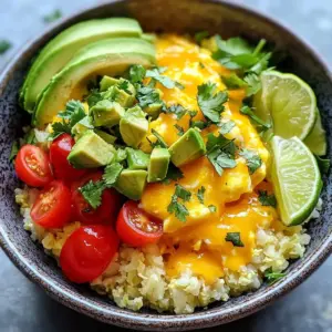 - 1 cup riced cauliflower - 4 large eggs - 1 bell pepper, diced - 1 small onion, diced - 1 cup cherry tomatoes, halved - 1/4 cup shredded cheese The main ingredients create a tasty base for your Low-Carb Breakfast Burrito Bowl. Riced cauliflower replaces traditional grains and adds great texture. The large eggs provide protein and richness. Diced bell pepper and onion add sweetness and crunch. Cherry tomatoes bring in freshness and color. Finally, shredded cheese ties everything together with creamy flavor. - 1/4 cup diced avocado - Fresh cilantro - Lime wedges Optional toppings add a fun twist. Diced avocado gives creaminess and healthy fats. Fresh cilantro adds a burst of flavor. Lime wedges bring a zesty kick that brightens the dish. Choose any or all of these to make your bowl unique. - 1 tablespoon olive oil - 1 teaspoon ground cumin - 1/2 teaspoon smoked paprika - Salt and pepper to taste Seasoning makes your bowl pop. Olive oil helps cook the veggies and adds healthy fat. Ground cumin gives a warm, earthy flavor. Smoked paprika adds a hint of smokiness. Salt and pepper balance the flavors. Adjust these to your taste for the best result. {{ingredient_image_1}} First, heat one tablespoon of olive oil in a large skillet over medium heat. Once the oil is hot, add one small diced onion and one diced bell pepper. Saut&eacute; these for about 3 to 4 minutes until they soften. This step builds a great flavor base for our bowl. Next, stir in one cup of riced cauliflower. Add one teaspoon of ground cumin, half a teaspoon of smoked paprika, and salt and pepper to taste. Cook this mixture for another 5 to 7 minutes. Stir occasionally until the cauliflower is tender. The spices will give the dish a nice kick. In a separate bowl, whisk together four large eggs until they are well combined. Now, push the cauliflower mix to one side of the skillet. Pour the eggs into the empty side. Scramble the eggs gently until they are fully cooked. This should only take a few minutes. Once the eggs are cooked, mix them with the cauliflower mixture in the skillet. Add in one cup of halved cherry tomatoes. Cook everything for an additional 2 minutes to warm the tomatoes through. Remove the skillet from heat. Stir in a quarter cup of shredded cheese until it melts and mixes in well. Now, it&rsquo;s time to serve! Spoon the breakfast burrito bowl mixture into serving bowls. Top each bowl with a quarter cup of diced avocado, a sprinkle of fresh chopped cilantro, and a lime wedge on the side. This adds color and flavor to your meal. Enjoy your tasty, low-carb breakfast! - Prep ingredients ahead of time. Chop your bell pepper and onion the night before. Store them in the fridge. - Store leftovers properly. Use airtight containers to keep your burrito bowl fresh for up to three days. - Ensuring even cooking of vegetables. Cut your bell pepper and onion into similar sizes. This helps them cook evenly. - Perfectly scrambling eggs. Whisk your eggs well before adding them to the pan. Stir gently to keep them fluffy and soft. - Serving with colorful toppings. Use diced avocado and fresh cilantro for a vibrant look. - Garnishing for visual appeal. A lime wedge on the side adds a pop of color and a fresh taste. Pro Tips Prep Your Ingredients Ahead: To save time in the morning, chop your vegetables and riced cauliflower the night before and store them in the refrigerator. Customize Your Cheese: Experiment with different types of cheese, like feta or goat cheese, for a unique flavor twist in your breakfast bowl. Make It Spicy: Add some diced jalape&ntilde;os or a splash of hot sauce to the eggs for a spicy kick if you enjoy heat in your dishes. Use Fresh Herbs: Fresh herbs like cilantro or parsley can elevate the flavor of your bowl. Feel free to mix in your favorites! {{image_2}} You can change up the protein in your breakfast burrito bowl. For cheese lovers, try different kinds of cheese. Cheddar adds a sharp taste, while pepper jack gives a spicy kick. You can also add cooked sausage or turkey bacon for a hearty bite. This makes your meal more filling and adds great flavor. Want more greens? Add spinach or kale for a healthy twist. These veggies boost nutrients and taste. If you don't like riced cauliflower, you can use zucchini noodles instead. They give a fun texture and keep the dish low-carb. Both options make your breakfast colorful and tasty. If you prefer vegan or vegetarian meals, you can replace eggs with tofu or a chickpea scramble. Tofu is a great source of protein and has a nice texture. If you want a dairy-free option, simply skip the cheese. This way, everyone can enjoy a yummy breakfast burrito bowl! To keep your Low-Carb Breakfast Burrito Bowl fresh, store leftovers in the fridge. Use airtight containers. This helps keep moisture out and stops odors from mixing. Make sure to cool the bowl to room temperature before sealing. I recommend glass containers for reheating. They heat evenly and do not stain. You can freeze portions for later. Divide the breakfast burrito bowl into single servings. Place them in freezer-safe containers. Make sure to leave some space at the top for expansion. When you&rsquo;re ready to eat, thaw in the fridge overnight. For quick reheating, use the microwave. Heat in short bursts, stirring in between, until warm. Leftovers will last in the fridge for up to 3 days. If you freeze them, they can last for about 2 months. Look for signs of spoilage. If you see any mold or an off smell, it&rsquo;s best to toss it. Always trust your senses to keep your meals safe and tasty! A Low-Carb Breakfast Burrito Bowl has about 10-12 grams of carbs per serving. This number comes from the riced cauliflower, bell pepper, onions, and cherry tomatoes. Each ingredient contributes a small amount, keeping this bowl low in carbs while still being filling. The riced cauliflower is a great base because it has very few carbs compared to traditional rice. Yes, you can make this recipe ahead of time! To prep, cook the bowl as directed. Then, let it cool before storing in the fridge. Use an airtight container to keep it fresh. You can reheat it in a skillet or microwave. Just add a splash of water to keep it moist. This makes it a great meal prep option. If you don&rsquo;t have riced cauliflower, there are many options. You can use shredded cabbage or zucchini noodles. Both of these provide a low-carb base and add unique flavors. You might also try finely chopped broccoli for a different twist. Each option keeps the meal light while still being tasty. This blog post gives you a tasty recipe for a Low-Carb Breakfast Burrito Bowl. We covered the main ingredients like riced cauliflower, eggs, and bell peppers. You learned how to prepare, cook, and store the dish, plus tips for meal prep. I also shared fun variations to make it your own. This dish is not only healthy but also easy to customize. Enjoy trying these steps and flavors. You&rsquo;ll have a filling breakfast in no time. Happy cooking!