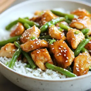 - 1 lb chicken breast, cut into bite-sized pieces - 2 cups green beans, trimmed - 3 tablespoons sesame oil - 3 tablespoons soy sauce (low sodium) - 2 tablespoons honey - 1 tablespoon rice vinegar - 2 tablespoons sesame seeds (toasted) - Cooked rice, for serving The main ingredients give this dish its great taste. The chicken breast adds protein. I cut it into bite-sized pieces for even cooking. Green beans bring a nice crunch and color. Sesame oil adds a rich, nutty flavor that ties everything together. For the sauce, I use low-sodium soy sauce. This way, you can control the salt. Honey adds a sweet touch, while rice vinegar gives some tang. You&rsquo;ll love how these flavors blend. To finish, I suggest adding toasted sesame seeds for a bit of crunch. Cooked rice is a nice base for serving. It soaks up the sauce well and makes the meal more filling. {{ingredient_image_1}} First, take your chicken breast. Cut it into bite-sized pieces. Place the chicken in a bowl. Add 1 tablespoon of soy sauce. Sprinkle a pinch of salt and pepper. Stir well to coat the chicken. Now, let it marinate for at least 15 minutes. This makes the chicken more flavorful. In a small bowl, whisk together the remaining soy sauce, honey, rice vinegar, cornstarch, and water. Mix until the sauce is smooth. This step is key for a nice glaze. Set the sauce aside while you cook. Heat 1 tablespoon of sesame oil in a large skillet. Use medium-high heat for best results. Once the oil is hot, add the marinated chicken. Cook the chicken for about 6-8 minutes. Make sure it turns a golden brown. When it's cooked through, remove the chicken and set it aside. In the same skillet, add another tablespoon of sesame oil. Next, drop in the minced garlic and grated ginger. Saut&eacute; for about 30 seconds until fragrant. Then, add the trimmed green beans. Stir-fry for 5-6 minutes. You want them tender but still crisp. Return the cooked chicken to the skillet with the green beans. Pour the prepared sauce over the mixture. Stir well to coat everything. Cook for another 2-3 minutes. This helps the sauce thicken and heat everything through. Lastly, sprinkle toasted sesame seeds over the top. Give it a gentle toss to mix. This adds a lovely crunch. Serve the sesame chicken and green beans over cooked rice if you like. You can also garnish with extra sesame seeds or green onions for extra flair. To ensure juicy chicken, marinate it well. I suggest a mix of soy sauce, salt, and pepper. Letting it sit for at least 15 minutes makes a big difference. If you want to switch things up, try using yogurt or citrus juice as a marinade. Both options add great flavor and tenderness. To keep green beans crisp, don't overcook them. A quick saut&eacute; will do. Cook them just until they turn bright green and tender. I like to stir-fry them for about 5-6 minutes. This method locks in their crunch. To boost flavor, consider adding red pepper flakes or a splash of lime juice. Both add a nice kick. For garnishes, sprinkle extra toasted sesame seeds or chopped green onions on top. They add color and a fresh taste. Pro Tips Marinating Matters: Allow the chicken to marinate for at least 30 minutes for deeper flavor absorption. Perfecting the Sauce: Whisk the cornstarch with water until fully dissolved to avoid lumps in your sauce. Crunchy Green Beans: For an extra crispy texture, blanch the green beans in boiling water for 2 minutes before stir-frying. Garnish Wisely: Fresh herbs like cilantro or green onions can elevate the dish&rsquo;s presentation and flavor profile. {{image_2}} You can use different proteins in this dish. Tofu is a great choice for a vegetarian option. It absorbs flavors well and adds a nice texture. To prepare tofu, press it to remove excess water. Cut it into cubes and marinate just like the chicken. Shrimp is another option. It cooks quickly and adds a fresh taste. Cook shrimp for about 3-4 minutes until they turn pink. Adjust the cooking time based on the protein you choose to ensure it's cooked through but not overdone. Mix up the vegetables for a new twist. Broccoli, bell peppers, or snap peas work well too. Each brings a unique flavor and texture to the dish. You can even try adding carrots for sweetness or bok choy for a crunchy bite. For flavor combinations, consider adding a splash of orange juice or zest. This adds brightness and balances the savory sauce. Experiment with different veggies to find your favorite combo. If you need a gluten-free option, swap soy sauce with tamari. Tamari has a similar taste and works well in this recipe. You can also look for gluten-free cornstarch to thicken your sauce. For a low-sugar version, reduce the honey. You can replace it with a sugar-free sweetener. Just remember to taste as you go. Adjust the sweetness to match your preference while keeping the dish delicious. To keep your sesame chicken and green beans fresh, refrigerate them in an airtight container. This helps to keep moisture in and prevent smells from mixing. Use glass or plastic containers with tight lids. Avoid using aluminum foil, as it can react with the food. When you&rsquo;re ready to enjoy leftovers, reheat them gently. You can use a microwave or a skillet. If using a microwave, heat in short bursts. Stir between each burst to keep the dish moist. If using a skillet, add a splash of water. This will help keep the chicken juicy. Avoid reheating on high heat to prevent overcooking. In the fridge, sesame chicken and green beans last for about three to four days. If you want to store them longer, consider freezing. To freeze, place the dish in a freezer-safe container. It can last up to three months in the freezer. Make sure to label it with the date for easy tracking. The best way to marinate chicken is simple. Use a bowl to mix the chicken with one tablespoon of soy sauce. Add a pinch of salt and pepper. Stir it well. Let it sit for at least 15 minutes. This helps the chicken soak up the flavors. If you have more time, marinating for 30 minutes or longer can make it even better. Yes, you can use frozen green beans. They work well in this dish. Just add them straight to the skillet without thawing. Cook them a little longer to ensure they are tender. The flavor will still be great! To make this dish spicier, you have some good options. Add red pepper flakes to the sauce for heat. You can also mix in some sriracha or chili sauce when you combine the chicken and green beans. Taste as you go to find the right spice level for you. This dish pairs well with cooked rice. The rice soaks up the tasty sauce. You can also serve it with a side salad for freshness. If you want to add more greens, steamed broccoli or bok choy are great choices. Yes, you can prepare this dish ahead of time. You can marinate the chicken and chop the green beans a few hours before cooking. Store them in the fridge. Cook the dish just before serving for the best taste. If you need to store leftovers, keep them in the fridge for up to three days. In this post, we explored a tasty Sesame Chicken and Green Beans recipe. I shared key ingredients and step-by-step cooking instructions. You learned tips for perfect chicken, crisp green beans, and flavor boosts. We also looked at variations for different diets and protein choices. Remember, cooking can be fun and creative. Don&rsquo;t hesitate to try new things or make adjustments. Enjoy your meal and impress your friends with this simple yet delicious dish!
