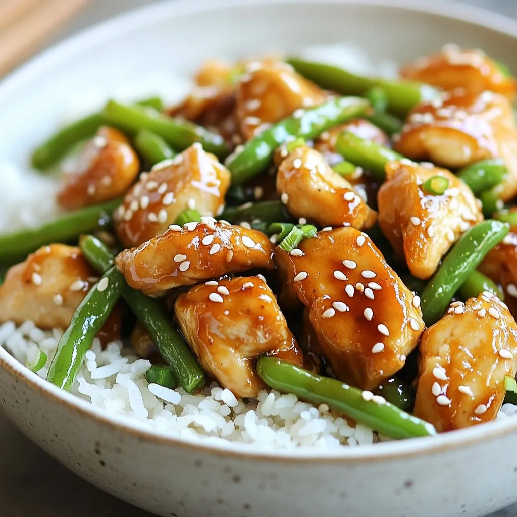 - 1 lb chicken breast, cut into bite-sized pieces - 2 cups green beans, trimmed - 3 tablespoons sesame oil - 3 tablespoons soy sauce (low sodium) - 2 tablespoons honey - 1 tablespoon rice vinegar - 2 tablespoons sesame seeds (toasted) - Cooked rice, for serving The main ingredients give this dish its great taste. The chicken breast adds protein. I cut it into bite-sized pieces for even cooking. Green beans bring a nice crunch and color. Sesame oil adds a rich, nutty flavor that ties everything together. For the sauce, I use low-sodium soy sauce. This way, you can control the salt. Honey adds a sweet touch, while rice vinegar gives some tang. You’ll love how these flavors blend. To finish, I suggest adding toasted sesame seeds for a bit of crunch. Cooked rice is a nice base for serving. It soaks up the sauce well and makes the meal more filling. {{ingredient_image_1}} First, take your chicken breast. Cut it into bite-sized pieces. Place the chicken in a bowl. Add 1 tablespoon of soy sauce. Sprinkle a pinch of salt and pepper. Stir well to coat the chicken. Now, let it marinate for at least 15 minutes. This makes the chicken more flavorful. In a small bowl, whisk together the remaining soy sauce, honey, rice vinegar, cornstarch, and water. Mix until the sauce is smooth. This step is key for a nice glaze. Set the sauce aside while you cook. Heat 1 tablespoon of sesame oil in a large skillet. Use medium-high heat for best results. Once the oil is hot, add the marinated chicken. Cook the chicken for about 6-8 minutes. Make sure it turns a golden brown. When it's cooked through, remove the chicken and set it aside. In the same skillet, add another tablespoon of sesame oil. Next, drop in the minced garlic and grated ginger. Sauté for about 30 seconds until fragrant. Then, add the trimmed green beans. Stir-fry for 5-6 minutes. You want them tender but still crisp. Return the cooked chicken to the skillet with the green beans. Pour the prepared sauce over the mixture. Stir well to coat everything. Cook for another 2-3 minutes. This helps the sauce thicken and heat everything through. Lastly, sprinkle toasted sesame seeds over the top. Give it a gentle toss to mix. This adds a lovely crunch. Serve the sesame chicken and green beans over cooked rice if you like. You can also garnish with extra sesame seeds or green onions for extra flair. To ensure juicy chicken, marinate it well. I suggest a mix of soy sauce, salt, and pepper. Letting it sit for at least 15 minutes makes a big difference. If you want to switch things up, try using yogurt or citrus juice as a marinade. Both options add great flavor and tenderness. To keep green beans crisp, don't overcook them. A quick sauté will do. Cook them just until they turn bright green and tender. I like to stir-fry them for about 5-6 minutes. This method locks in their crunch. To boost flavor, consider adding red pepper flakes or a splash of lime juice. Both add a nice kick. For garnishes, sprinkle extra toasted sesame seeds or chopped green onions on top. They add color and a fresh taste. Pro Tips Marinating Matters: Allow the chicken to marinate for at least 30 minutes for deeper flavor absorption. Perfecting the Sauce: Whisk the cornstarch with water until fully dissolved to avoid lumps in your sauce. Crunchy Green Beans: For an extra crispy texture, blanch the green beans in boiling water for 2 minutes before stir-frying. Garnish Wisely: Fresh herbs like cilantro or green onions can elevate the dish’s presentation and flavor profile. {{image_2}} You can use different proteins in this dish. Tofu is a great choice for a vegetarian option. It absorbs flavors well and adds a nice texture. To prepare tofu, press it to remove excess water. Cut it into cubes and marinate just like the chicken. Shrimp is another option. It cooks quickly and adds a fresh taste. Cook shrimp for about 3-4 minutes until they turn pink. Adjust the cooking time based on the protein you choose to ensure it's cooked through but not overdone. Mix up the vegetables for a new twist. Broccoli, bell peppers, or snap peas work well too. Each brings a unique flavor and texture to the dish. You can even try adding carrots for sweetness or bok choy for a crunchy bite. For flavor combinations, consider adding a splash of orange juice or zest. This adds brightness and balances the savory sauce. Experiment with different veggies to find your favorite combo. If you need a gluten-free option, swap soy sauce with tamari. Tamari has a similar taste and works well in this recipe. You can also look for gluten-free cornstarch to thicken your sauce. For a low-sugar version, reduce the honey. You can replace it with a sugar-free sweetener. Just remember to taste as you go. Adjust the sweetness to match your preference while keeping the dish delicious. To keep your sesame chicken and green beans fresh, refrigerate them in an airtight container. This helps to keep moisture in and prevent smells from mixing. Use glass or plastic containers with tight lids. Avoid using aluminum foil, as it can react with the food. When you’re ready to enjoy leftovers, reheat them gently. You can use a microwave or a skillet. If using a microwave, heat in short bursts. Stir between each burst to keep the dish moist. If using a skillet, add a splash of water. This will help keep the chicken juicy. Avoid reheating on high heat to prevent overcooking. In the fridge, sesame chicken and green beans last for about three to four days. If you want to store them longer, consider freezing. To freeze, place the dish in a freezer-safe container. It can last up to three months in the freezer. Make sure to label it with the date for easy tracking. The best way to marinate chicken is simple. Use a bowl to mix the chicken with one tablespoon of soy sauce. Add a pinch of salt and pepper. Stir it well. Let it sit for at least 15 minutes. This helps the chicken soak up the flavors. If you have more time, marinating for 30 minutes or longer can make it even better. Yes, you can use frozen green beans. They work well in this dish. Just add them straight to the skillet without thawing. Cook them a little longer to ensure they are tender. The flavor will still be great! To make this dish spicier, you have some good options. Add red pepper flakes to the sauce for heat. You can also mix in some sriracha or chili sauce when you combine the chicken and green beans. Taste as you go to find the right spice level for you. This dish pairs well with cooked rice. The rice soaks up the tasty sauce. You can also serve it with a side salad for freshness. If you want to add more greens, steamed broccoli or bok choy are great choices. Yes, you can prepare this dish ahead of time. You can marinate the chicken and chop the green beans a few hours before cooking. Store them in the fridge. Cook the dish just before serving for the best taste. If you need to store leftovers, keep them in the fridge for up to three days. In this post, we explored a tasty Sesame Chicken and Green Beans recipe. I shared key ingredients and step-by-step cooking instructions. You learned tips for perfect chicken, crisp green beans, and flavor boosts. We also looked at variations for different diets and protein choices. Remember, cooking can be fun and creative. Don’t hesitate to try new things or make adjustments. Enjoy your meal and impress your friends with this simple yet delicious dish!