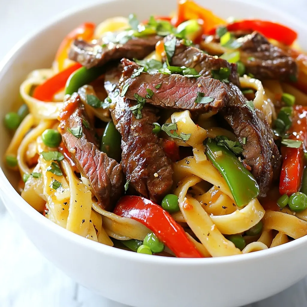 - 8 oz fettuccine pasta - 1 lb flank steak, sliced into thin strips - 2 tablespoons soy sauce - 2 tablespoons honey - 1 tablespoon sriracha (adjust for spice preference) - 1 teaspoon garlic powder - 1 teaspoon ground ginger For this dish, the main ingredients play a vital role. The fettuccine pasta serves as the base, giving you a hearty and comforting texture. Flank steak is perfect here because it cooks quickly and absorbs flavors well. The sauce components, like soy sauce, honey, and sriracha, create a sweet and spicy kick. Garlic powder and ground ginger add depth to the flavor. - 1 red bell pepper, sliced - 1 cup snap peas - 3 green onions, chopped The vegetables bring color and crunch. Red bell pepper adds sweetness, while snap peas give a nice snap. Green onions brighten the dish when you sprinkle them on top. Each vegetable adds a unique texture and flavor, making your pasta dish more vibrant. - 2 tablespoons olive oil - Salt and pepper to taste - Fresh cilantro for garnish Olive oil is key for cooking the steak and vegetables. It helps achieve that beautiful sear on the flank steak. You’ll want to season with salt and pepper to enhance all the flavors. Fresh cilantro not only looks nice but also adds a fresh burst of flavor at the end. {{ingredient_image_1}} First, you need to cook the fettuccine pasta. Follow the package instructions for the best results. This usually takes about 8 to 10 minutes. Make sure to test the pasta for doneness. It should be al dente. Once cooked, drain it and set it aside. Don’t forget to reserve about a cup of the pasta water. This water helps make the sauce smooth. Next, let’s marinate the steak. In a bowl, combine the sliced flank steak with soy sauce, honey, and spices. You’ll want to add sriracha for a kick, garlic powder, and ground ginger for depth. Mix everything well and let it marinate for at least 15 minutes. This step adds tons of flavor to your steak. Now it’s time to cook the steak. Heat olive oil in a large skillet over medium-high heat. Add the marinated steak to the hot skillet. Sauté it for about 5 to 7 minutes until it’s browned. Ensure it reaches your desired doneness. After the steak is ready, remove it from the skillet and set it aside. In the same skillet, add the sliced red bell pepper and snap peas. Sauté them for about 3 to 4 minutes until they are tender yet still crisp. Finally, let’s bring everything together. Add the cooked fettuccine to the skillet with the sautéed vegetables. Pour in the reserved pasta water gradually. This helps adjust the sauce's thickness. Then, return the cooked steak to the skillet. Toss all the ingredients until they mix well. Season with salt and pepper to taste. For a fresh touch, garnish your dish with chopped green onions and fresh cilantro before serving. Enjoy your sweet and spicy steak pasta! To get the best flavor from flank steak, marinate it well. Use a mix of soy sauce, honey, and spices. Let it sit for at least 15 minutes. This lets the steak soak up the flavors. You can also try other marinades. A mix of balsamic vinegar and olive oil works great too. For a twist, add some lime juice and cumin. For perfectly cooked steak, heat your skillet before adding the meat. Cook it for 5-7 minutes until it’s brown. Keep an eye on it to avoid overcooking. When you cook vegetables, aim to keep them crisp. Sauté the red bell pepper and snap peas for 3-4 minutes. This keeps their bright colors and crunch. Serve your Sweet and Spicy Steak Pasta in a shallow pasta bowl. This gives it a nice look. For garnish, sprinkle fresh cilantro and chopped green onions on top. This adds color and flavor. You can also add a slice of lime for a fresh touch. Pro Tips Marinate for Maximum Flavor: Allow the steak to marinate longer than 15 minutes, if possible. This enhances the flavor and tenderness, making every bite delicious. Adjust the Spice Level: Customize the amount of sriracha based on your heat preference. Start with less and add more gradually to find your perfect balance. Vegetable Variations: Feel free to mix in other vegetables like broccoli or carrots for added nutrition and color. Just make sure to adjust the cooking time accordingly. Save Some Pasta Water: The reserved pasta water is your secret weapon for creating a silky sauce. Add it gradually until you reach your desired consistency. {{image_2}} You can easily adjust the sriracha for your spice level. If you like it hot, add more. For a milder dish, use less. You might also try chili flakes instead. They pack some heat and give a nice crunch. Not a fan of fettuccine? You can switch to spaghetti or whole wheat noodles. Both work well and taste great. You can also change the protein. Chicken, shrimp, or even tofu can be tasty substitutes. Each brings its own flavor to the dish. Seasonal veggies can add freshness. In spring, try peas or asparagus. In summer, zucchini or bell peppers work well. Adding fresh herbs can brighten the dish. Basil or parsley can give a lovely touch. They add color and new flavors that pop. To keep your Sweet and Spicy Steak Pasta fresh, store leftovers in the fridge. Use airtight containers to prevent moisture loss. Make sure to cool the pasta before sealing the container. This helps avoid soggy noodles. Try to eat the leftovers within three days for best taste. When reheating, focus on keeping the steak juicy. You can use a microwave or stovetop. For the microwave, heat in short bursts. Stir between intervals to ensure even heat. If you use the stovetop, add a splash of water. Heat gently over low heat to avoid overcooking the steak. For long-term storage, you can freeze the pasta. First, let it cool completely. Place it in freezer-safe bags or containers. Be sure to remove as much air as possible. When you want to eat it, thaw it in the fridge overnight. For best texture, avoid microwaving it from frozen. Instead, reheat it on the stovetop with a bit of water. You can serve a fresh salad on the side. A simple green salad works well. You can also try garlic bread to soak up the sauce. For a veggie boost, add steamed broccoli or roasted asparagus. These sides balance the meal nicely. Yes, you can prep this dish ahead. Cook the pasta and store it in the fridge. You can also marinate the steak a day before. Keep the sauce and veggies separate until you are ready to eat. This keeps everything fresh and tasty. To reduce sweetness, cut back on honey. You can also use less soy sauce. For less spice, use less sriracha or switch to mild chili sauce. Taste as you go to find the right balance that suits your tongue. Flank steak is great for this dish. It cooks quickly and has good flavor. You can also use skirt steak or sirloin if you want. Both options will work well and give you a nice bite in every forkful. This Sweet and Spicy Steak Pasta combines rich flavors in a simple dish. We explored key ingredients like fettuccine, flank steak, and fresh vegetables. I shared step-by-step cooking instructions and useful tips for marinating and presentation. You can adjust spice levels and swap ingredients for variety. Remember, proper storage keeps leftovers tasty. Enjoy creating this meal, and feel free to experiment with your own touches. Cooking should always be fun and rewarding!