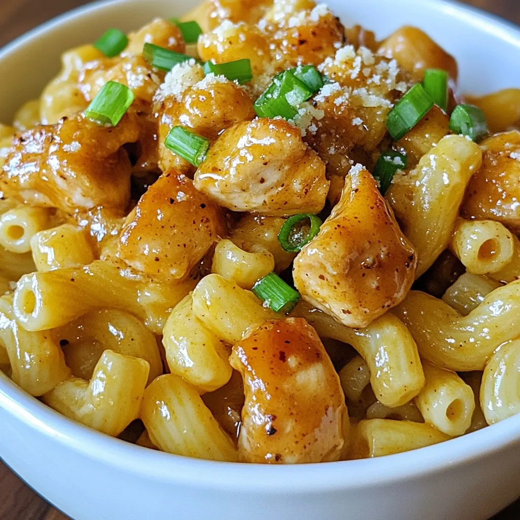 - 8 oz elbow macaroni - 1 lb chicken breast, diced - 2 tablespoons unsalted butter - 3 cloves garlic, minced - 1/2 cup honey - 1/4 cup soy sauce - 1 tablespoon apple cider vinegar - 1 teaspoon smoked paprika - Salt and pepper to taste - 2 green onions, chopped (for garnish) - 1/4 cup grated Parmesan cheese (optional) For this Honey Garlic Butter Chicken Mac, we need a few simple ingredients. First, the elbow macaroni serves as the base. You&rsquo;ll need one pound of diced chicken breast for protein. Butter gives the dish a rich flavor, while minced garlic adds a nice kick. Honey brings sweetness, and soy sauce gives it a savory depth. Apple cider vinegar adds a bit of tang. Smoked paprika gives a smoky touch. Finally, salt and pepper enhance all the flavors. Make sure to gather chopped green onions for garnish and Parmesan cheese if you want a cheesy finish. Having everything ready makes cooking smooth and fun! {{ingredient_image_1}} To cook elbow macaroni perfectly, bring a pot of salted water to a boil. Add the macaroni and stir it well. Cook it according to the package instructions, usually about 7-10 minutes. Taste a piece to check if it&rsquo;s al dente. This means it should be firm but not hard. Once done, drain the pasta in a colander. Be sure to shake off the excess water. Set it aside for later use. For the chicken, heat a large skillet over medium heat. Add 1 tablespoon of unsalted butter. Once the butter melts, add the diced chicken breast. Season it with salt, pepper, and smoked paprika to enhance flavor. Saut&eacute; the chicken for about 6-8 minutes. It should turn golden brown and be cooked all the way through. When done, remove the chicken from the skillet and set it aside. Now, it&rsquo;s time for the honey garlic sauce. In the same skillet, add another tablespoon of butter. Once melted, toss in 3 cloves of minced garlic. Saut&eacute; for 1-2 minutes. Be careful not to burn the garlic, as it can turn bitter. After the garlic is fragrant, stir in 1/2 cup of honey, 1/4 cup of soy sauce, and 1 tablespoon of apple cider vinegar. Mix it well and let it simmer for 2-3 minutes until it thickens slightly. Add the cooked chicken back into the skillet. Toss it in the honey garlic sauce until it gets a nice coat. Next, add the elbow macaroni to the skillet. Mix everything together gently. Ensure the pasta is evenly coated in the sauce. Cook for an additional 2 minutes so the flavors can meld. When finished, remove from heat and serve hot, garnished with chopped green onions and grated Parmesan if desired. To get the best results, follow these cooking times and temperatures: - Cook elbow macaroni for about 8-10 minutes. Test for doneness. - Saut&eacute; chicken for 6-8 minutes over medium heat until golden brown. - Simmer the sauce for 2-3 minutes to thicken properly. For the sauce, aim for a nice, thick texture. Stir the honey, soy sauce, and vinegar until smooth. If it gets too thick, add a splash of water. I recommend using a non-stick skillet. This type helps prevent sticking and makes clean-up easy. When saut&eacute;ing, heat your skillet before adding chicken. This step locks in flavor. Cook in batches if your skillet is small. This way, each piece gets a nice sear. Watch out for undercooked chicken. Ensure it reaches an internal temperature of 165&deg;F. Cut it to check; it should be white inside. Also, avoid overcooking pasta. Cook until just al dente, as it will soften further in the sauce. Drain it well to prevent sogginess. Pro Tips Choose the Right Pasta: Use elbow macaroni for the best texture, but feel free to swap in your favorite pasta shape if desired. Perfectly Cooked Chicken: Ensure the chicken is cooked through and golden by not overcrowding the skillet; cook in batches if necessary. Adjust the Sweetness: Taste the sauce after simmering and adjust the honey to your preferred level of sweetness. Garnish for Flavor: Fresh green onions add a pop of color and flavor; consider adding sesame seeds for an extra crunch. {{image_2}} You can easily make this dish gluten-free. Just swap regular elbow macaroni for gluten-free macaroni. Many brands offer great options that taste just as good. This keeps the creamy texture while being safe for those with gluten allergies. Adding veggies is a smart way to boost nutrition. You can mix in peas, bell peppers, or broccoli. These veggies add color and crunch to the dish. Just cook them with the chicken for a few minutes to soften them slightly. If you want to switch up the protein, consider shrimp or tofu. Shrimp cooks quickly and adds a nice flavor. For a plant-based option, use firm tofu. Just cube it and saut&eacute; it until golden. Both options keep the dish tasty and satisfying. To keep your Honey Garlic Butter Chicken Mac fresh, refrigerate it right away. Place it in an airtight container to avoid moisture loss. Storing in smaller containers helps it cool down faster. This way, you can enjoy it for up to three days. When you reheat, do it gently. I recommend using a skillet over medium heat. Add a splash of water or broth to keep it moist. Stir often to prevent sticking. This keeps the flavors bright and tasty. You can freeze unused portions for later. Use freezer-safe containers or heavy-duty bags. Be sure to label them with the date. When you&rsquo;re ready to eat, move it to the fridge to thaw overnight. This helps maintain the best taste and texture. To add heat, try these ideas: - Red pepper flakes: Add a pinch while cooking the chicken. - Hot sauce: Drizzle some into the sauce. Start small and taste. - Sriracha: Mix a spoonful with the honey sauce for a spicy kick. These options let you control the heat level. Enjoy experimenting! Yes, you can prep this dish ahead. Here are some tips: - Cook the chicken: Saut&eacute; and store it in the fridge. - Prepare the sauce: Make the honey garlic sauce early. Just reheat it later. - Cook pasta: You can cook the macaroni and chill it. Toss it with a bit of oil to prevent sticking. When you're ready to eat, just combine everything in a skillet and heat through. For a balanced meal, consider these side dishes: - Steamed broccoli: Adds color and nutrients. - Garden salad: Fresh greens can brighten the meal. - Garlic bread: Perfect for mopping up any sauce. These sides complement the rich flavors of the chicken mac. Enjoy your meal! This recipe for Honey Garlic Butter Chicken Mac combines simple ingredients and easy steps. You learned how to cook the macaroni, saut&eacute; chicken, and make a rich sauce. Remember to avoid common mistakes and follow the tips for the best results. You can also make fun variations, like adding veggies or switching proteins. Store leftovers properly to enjoy later. Cooking can be simple and enjoyable with the right guidance. Give this dish a try, and impress your family with your cooking skills.