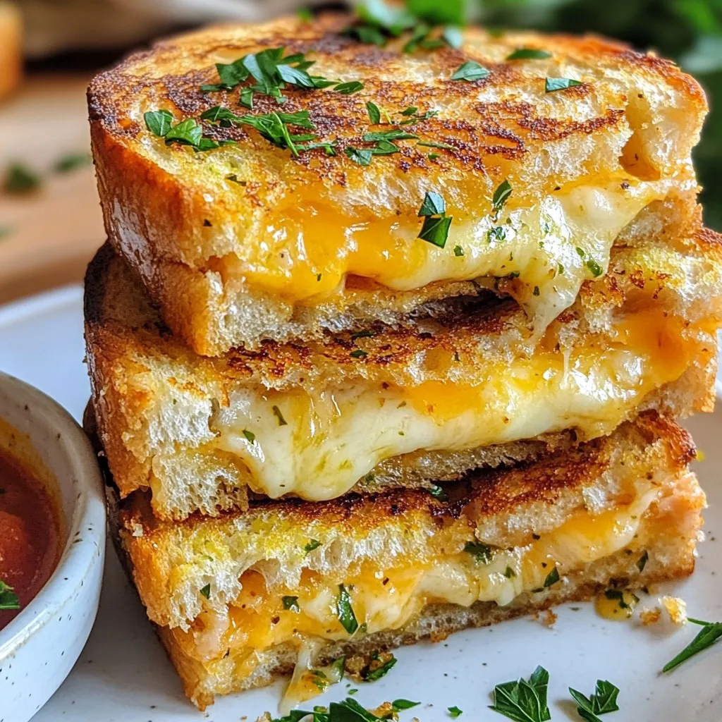 - 4 slices of artisanal garlic bread (store-bought or homemade) - 2 cups shredded mozzarella cheese - 1 cup sharp cheddar cheese, shredded - 2 tablespoons unsalted butter, softened - 2 cloves garlic, minced - 1 tablespoon fresh parsley, chopped - Salt and pepper to taste - Skillet or frying pan - Mixing bowl - Spatula Gathering the right ingredients is key to making a great garlic bread grilled cheese. You need four slices of artisanal garlic bread. You can buy it or make it at home. The bread gives a strong flavor base. Next, you need two cups of shredded mozzarella cheese. This cheese melts well and pulls nicely. One cup of sharp cheddar cheese adds a lovely tang. You will need two tablespoons of unsalted butter. Softened butter mixes well with garlic. Speaking of garlic, you will use two cloves, minced. Garlic adds a robust flavor. A tablespoon of fresh parsley brings freshness to your dish. Finally, salt and pepper add depth. Don't forget to taste as you go! For tools, grab a skillet or frying pan for cooking. You also need a mixing bowl for the garlic butter. A spatula helps flip the sandwich easily. With these ingredients and tools, you're ready to create a savory delight. Enjoy the process and have fun with it! {{ingredient_image_1}} To start, grab a small bowl. You will mix the butter, minced garlic, chopped parsley, salt, and pepper. Make sure to blend them well. This garlic butter adds so much flavor. Next, take two slices of garlic bread. Spread half of the garlic butter mixture on one side of each slice. On the unbuttered side of one slice, layer one cup of shredded mozzarella cheese and half a cup of sharp cheddar cheese. This mix gives a great taste. Top with the second slice of garlic bread, buttered side up. Now, you have formed a delicious sandwich. Now, heat a skillet over medium heat. Once hot, add the sandwich to the pan. Cook for about 3-4 minutes on each side. You want the bread to be deeply golden and the cheese to melt. Remove the sandwich from the skillet, and slice it diagonally. Repeat this process with the other slices of garlic bread and cheese. Enjoy your tasty garlic bread grilled cheese! To boost flavor, try adding more spices. Red pepper flakes add heat. Italian herbs give depth. You can mix in some chopped sun-dried tomatoes too. Use a blend of cheeses for best taste. Mozzarella melts well, while sharp cheddar adds a rich flavor. You might also try gouda or fontina for a twist. Set your heat to medium for grilling. This helps the cheese melt without burning the bread. If the bread browns too fast, lower the heat. Flip the sandwich carefully to avoid mess. Use a spatula to press down gently. This helps the cheese melt evenly. Serve your grilled cheese on a rustic wooden board. This adds charm to your meal. Garnish with fresh parsley for color. A small bowl of marinara sauce makes a great dip. You can also serve a simple salad on the side. This adds freshness to the plate. Pro Tips Use Quality Bread: Opt for high-quality artisanal garlic bread for the best flavor and texture. Cheese Variations: Feel free to mix different cheeses like gouda or pepper jack for a unique twist. Low and Slow Cooking: Cook on medium-low heat to ensure the cheese melts perfectly without burning the bread. Extra Crunch: For an added crunch, sprinkle some Parmesan cheese on the outside of the bread before grilling. {{image_2}} What are the best substitutes for mozzarella and cheddar? You can try gouda or provolone. They melt well and add a rich taste. For a sharper flavor, use gruyere or fontina. Each brings a unique twist to your grilled cheese. Using flavored cheeses for different experiences? Consider using pepper jack for a spicy kick. You can also use herb-infused cheese for a fresh taste. These options make your sandwich stand out and keep it interesting. What are other types of bread to explore? Sourdough and ciabatta are great choices. Sourdough adds a tangy flavor, while ciabatta gives a nice crunch. Both types elevate your garlic bread grilled cheese. How do I make homemade garlic bread? To make homemade garlic bread, mix softened butter, minced garlic, and fresh parsley. Spread this mix on slices of your favorite bread. Bake until golden, then use it for your grilled cheese. What are some gluten-free options? Use gluten-free bread instead of regular bread. Many brands offer tasty options that work well in this recipe. Check labels to ensure they fit your diet. What about vegan alternatives? For a vegan version, use vegan butter and plant-based cheese. Brands like Daiya or Violife offer good choices. They melt well and taste great in your sandwich. To store your garlic bread grilled cheese, let it cool first. Place the slices in an airtight container. This keeps them fresh for up to three days in the fridge. Make sure to separate layers with parchment paper to avoid sticking. When it's time to eat, reheating is key. Use a skillet over low heat. This warms the sandwich evenly without burning the bread. Cook each side for about two to three minutes. You can also use an oven; wrap the sandwich in foil and bake at 350°F for about 10 minutes. If you want to freeze assembled sandwiches, wrap each one tightly in plastic wrap. Then, place them in a freezer-safe bag. They can last up to three months in the freezer. When you're ready to enjoy, take the sandwich out and let it thaw in the fridge overnight. After thawing, reheat it in a skillet or oven as mentioned before. This way, you get that melty cheese and crispy bread again! You can serve many sides with garlic bread grilled cheese. Here are some tasty options: - Soup: Tomato soup is a classic choice. It pairs well with the cheesy goodness. - Salad: A fresh green salad adds crunch and balance. Try a Caesar or garden salad. - Dips: Marinara sauce or pesto makes a great dip. They add extra flavor. - Pickles: Crunchy pickles bring a nice contrast to the creamy sandwich. Yes, you can easily make garlic bread grilled cheese vegan. Here are some ideas: - Vegan Butter: Use a plant-based butter instead of regular butter. - Vegan Cheese: Choose a vegan cheese that melts well. Look for options labeled as mozzarella or cheddar. - Garlic: You can still add minced garlic for flavor. It’s vegan-friendly! Cooking garlic bread grilled cheese is quick and easy. Here's the breakdown: - Prep Time: It takes about 10 minutes to prepare the ingredients. - Cooking Time: Grill each sandwich for about 3-4 minutes on each side. - Total Time: You can make this dish in about 20 minutes. It’s perfect for a quick meal! This blog post covers how to make a delicious garlic bread grilled cheese. You need simple ingredients like garlic bread, mozzarella, and cheddar. I shared step-by-step instructions, tips for the best flavor, and variations to inspire your own twist. As you experiment, feel free to use different breads or cheeses. Enjoy making this quick meal, and share it with family or friends. It's fun to create your own tasty version!