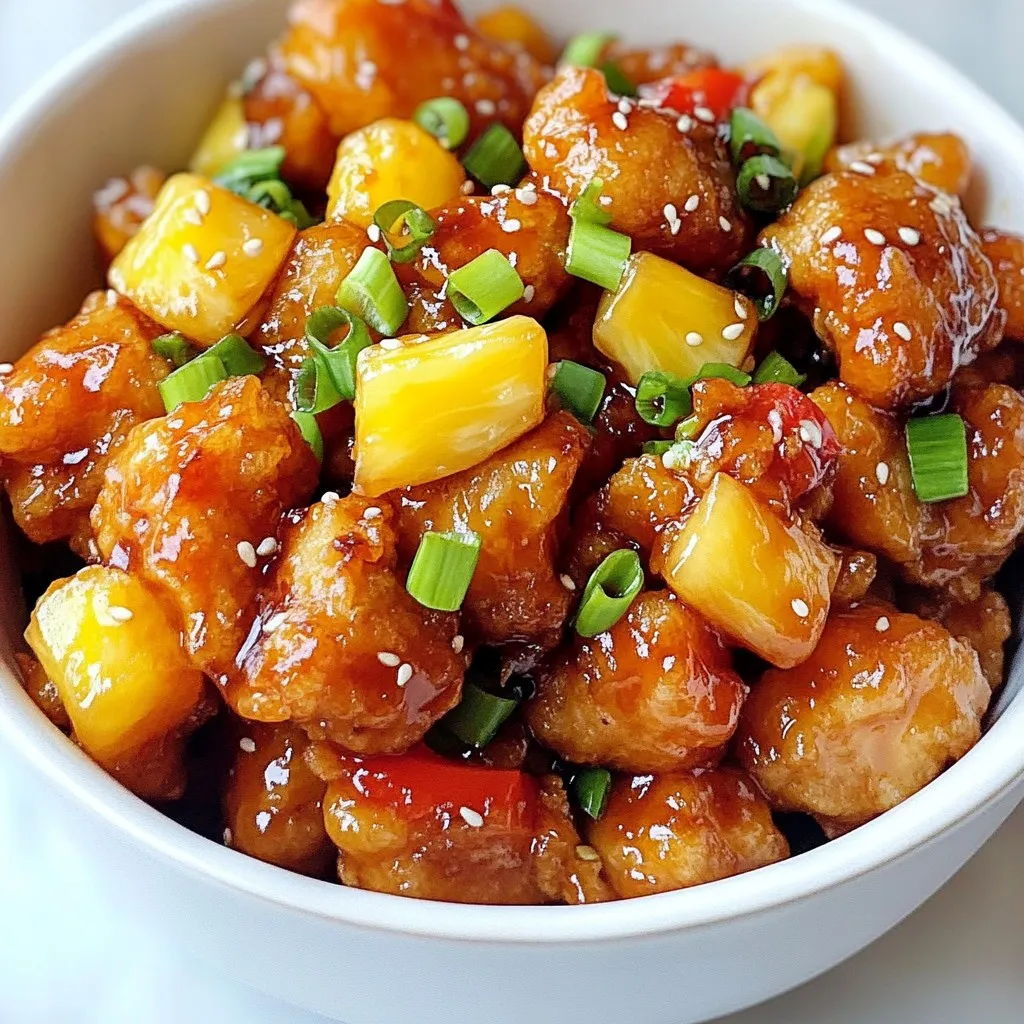 To make sweet and sour chicken, you need these simple ingredients: - 1 lb (450g) boneless, skinless chicken breast, cut into bite-sized pieces - 1/2 cup cornstarch - 2 tablespoons olive oil - 1 bell pepper (red or green), chopped into bite-sized pieces - 1 cup pineapple chunks (fresh or canned, drained) - 1/2 cup sugar - 1/3 cup ketchup - 1/3 cup apple cider vinegar - 1 tablespoon soy sauce (low-sodium if preferred) - 1 teaspoon garlic powder - 1 teaspoon ginger, minced - Salt and pepper to taste - Green onions, chopped for garnish - Sesame seeds for garnish You can swap some ingredients if needed. Here are a few ideas: - Chicken: Use tofu or shrimp for a different protein. - Cornstarch: Try flour or arrowroot powder for coating. - Olive oil: Any vegetable oil works well, like canola or sunflower. - Bell pepper: Use any color you like or substitute with carrots or broccoli. - Pineapple: If fresh is not available, canned works perfectly. Just drain it well. - Sugar: Honey or agave syrup can replace sugar for a natural sweetener. - Soy sauce: Tamari or coconut aminos work as gluten-free options. Fresh pineapple adds a bright flavor and texture. It’s juicy and sweet. Cutting fresh pineapple can take time. Canned pineapple is convenient. It’s already cut and ready to use. Just make sure to drain it well. The flavor is still good, but it may taste a bit sweeter. Both options work for this dish, so use what you have! {{ingredient_image_1}} Start by seasoning your chicken pieces with salt and pepper. This simple step adds flavor. Next, take 1/2 cup of cornstarch and toss your chicken in it. Make sure each piece is well-coated. This coating helps the chicken get crispy when cooked. Grab a large skillet or wok and heat 2 tablespoons of olive oil over medium-high heat. When the oil is hot, add the chicken in batches. Cook the chicken for about 5 to 7 minutes. You want it to turn golden brown and be fully cooked. After cooking, remove the chicken from the skillet and set it aside. In the same skillet, add a chopped bell pepper. Sauté it for 2 to 3 minutes until it gets a little soft. Then, mix in 1 cup of pineapple chunks and stir for another minute. Now, let's make the sweet and sour sauce. In a bowl, combine 1/2 cup of sugar, 1/3 cup of ketchup, 1/3 cup of apple cider vinegar, and 1 tablespoon of soy sauce. Add 1 teaspoon of garlic powder and 1 teaspoon of minced ginger. Stir this mixture until it is well combined. Pour the sweet and sour sauce over the chicken and vegetables in the skillet. Stir gently so everything gets coated. Let it simmer for about 3 to 4 minutes. This will thicken the sauce a bit and fuse all those amazing flavors together. To get that perfect crunch, start with cornstarch. Coat your chicken pieces well. This will help them fry up nice and crispy. Use a good amount of oil in the pan. Heat it until it's hot, but not smoking. Cook the chicken in batches. This keeps the oil hot and helps the chicken crisp up better. You want a thick sauce for your sweet and sour chicken. Start by letting it simmer. The longer it cooks, the thicker it gets. If you want it even thicker, mix a bit of cornstarch with water. Add this mixture slowly to the sauce. Stir well as it heats. It will thicken up quickly! Seasoning is key to great flavor. You can add more garlic or ginger for a stronger taste. A splash of soy sauce gives a nice umami kick. Try adding a pinch of red pepper flakes for heat. If you like it sweeter, add a little more sugar or pineapple juice. Taste as you go! Adjust until it’s just right for you. Pro Tips Perfectly Crispy Chicken: Ensure the chicken is evenly coated with cornstarch and avoid overcrowding the skillet to achieve a wonderfully crispy texture. Fresh vs. Canned Pineapple: While canned pineapple works well, using fresh pineapple will enhance the flavor and provide a more vibrant texture to your dish. Adjusting Sweetness: Feel free to tweak the sugar amount based on your taste preference. If you like it less sweet, reduce the sugar by a couple of tablespoons. Garnish with Style: For an extra burst of flavor, consider adding a sprinkle of chopped cilantro along with green onions and sesame seeds when serving. {{image_2}} You can make a tasty vegetarian version of sweet and sour chicken. Use tofu or seitan instead of chicken. Cut them into bite-sized pieces and coat them in cornstarch. Cook them until golden brown. This gives your dish a nice, crispy texture. Adding more veggies can make this dish even better. Try bell peppers, carrots, or broccoli. Chop them into small pieces so they cook quickly. Add them to the skillet with the pineapple. This not only boosts flavor but also adds color and nutrition. You can switch up the sauce for more fun. Try using orange juice for a fruity twist. You could also add chili paste for heat. Mix some soy sauce with a sweetener for a different taste. Experimenting with sauces can give you new flavors to enjoy. To keep your sweet and sour chicken fresh, place it in an airtight container. Make sure to let it cool to room temperature first. This helps to avoid steam buildup, which can make the chicken soggy. Store the container in the fridge. It will last for about three to four days. For best results, keep it separate from rice or other sides. When you're ready to enjoy leftovers, reheat the chicken gently. You can use the microwave or a skillet. If using the microwave, place the chicken on a microwave-safe plate. Cover it with a damp paper towel to keep moisture in. Heat in short bursts, about one minute at a time, until warm. If using a skillet, heat over medium heat. Stir the chicken often to avoid burning. You can freeze sweet and sour chicken for later. Just make sure it is completely cool before freezing. Place it in a freezer-safe container or bag. Remove as much air as you can to prevent freezer burn. It can stay frozen for up to three months. When you’re ready to eat, thaw it in the fridge overnight before reheating. This way, your meal will taste fresh and delicious. You can pair Sweet & Sour Chicken with several sides. Some great options include: - Steamed white rice: This absorbs the sauce well. - Fried rice: A tasty twist that adds flavor. - Noodles: Lo-mein or rice noodles work well. - Vegetable stir-fry: Adds more colors and nutrients. - Spring rolls: A crunchy side that complements the dish. Each side brings a unique flavor and texture to your meal. Yes, you can prepare Sweet & Sour Chicken in advance. Here’s how: - Cook the chicken: Follow the recipe, but stop before adding the sauce. - Store: Place the chicken in an airtight container in the fridge for up to two days. - Make the sauce: Prepare the sauce separately and store it in another container. When ready to eat, just heat the chicken and sauce together. This makes for an easy meal any day. Sweet & Sour Chicken has both healthy and less healthy aspects. Here are some points to consider: - Chicken: It’s a good source of protein. - Pineapple: This fruit adds vitamins and fiber. - Sugar: The recipe calls for sugar, which adds calories. - Cornstarch: This helps with crispiness but adds carbs. To make it healthier, you can reduce the sugar or use less cornstarch. Enjoying it with veggies also boosts the meal's nutrition. This guide covered all you need for sweet and sour chicken. We talked about ingredients, cooking steps, and tips for the best taste. You learned how to customize your dish and store it safely. Making this meal can bring joy to any table. Try out different variations to keep it fresh. With practice, your sweet and sour chicken will impress everyone. Enjoy your cooking adventure!