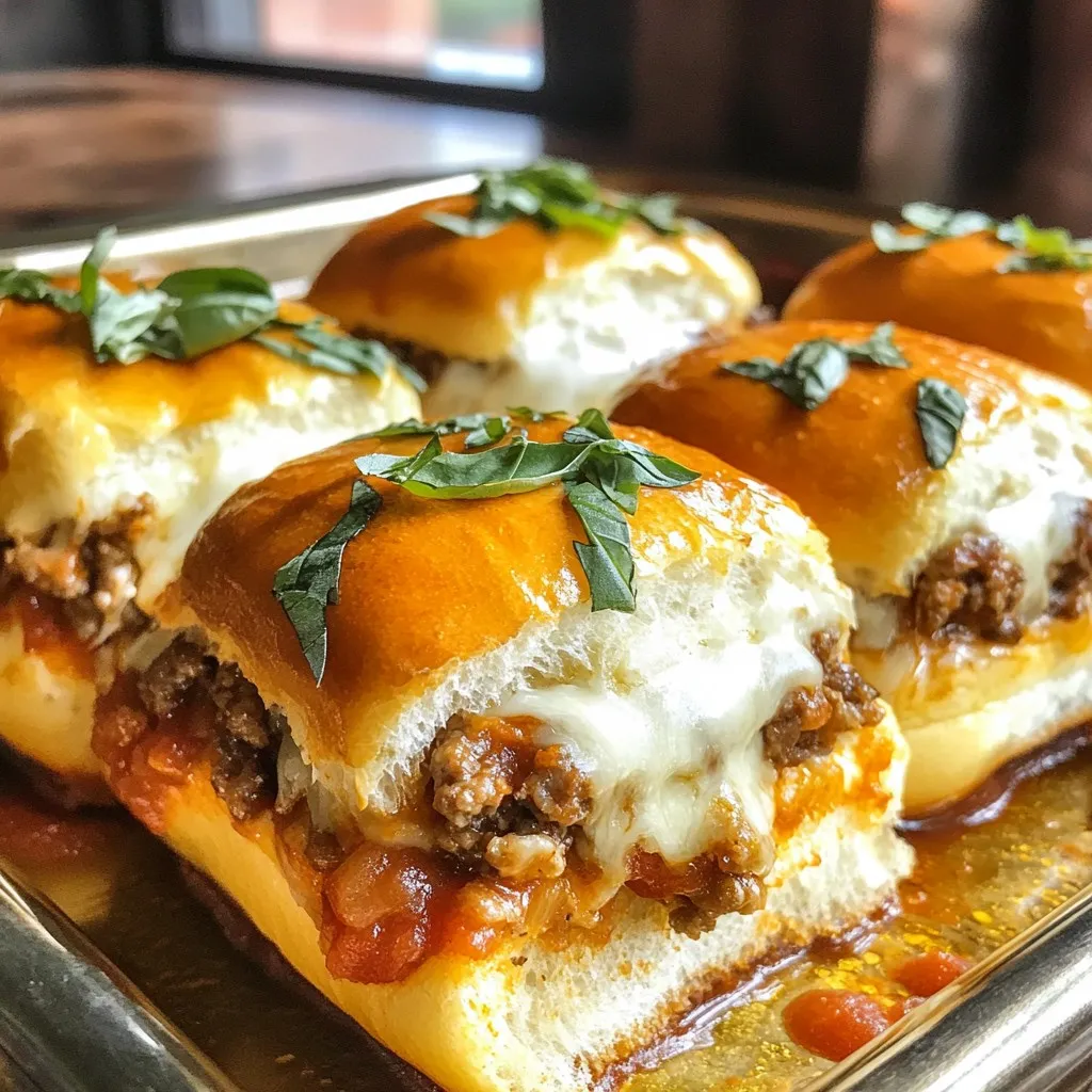 - 1 lb ground beef - 1 lb Italian sausage, casing removed - 1 small onion, finely chopped - 2 cloves garlic, minced - 1 cup marinara sauce For these sliders, I use two types of meat. The ground beef adds heartiness, while the Italian sausage gives it a nice spice. Next, I chop a small onion and mince two cloves of garlic. These will add great flavor to the dish. Then, I include a cup of marinara sauce to bind it all together and add richness. - 1 cup shredded mozzarella cheese - 1/2 cup grated Parmesan cheese - 12 slider buns Cheese makes this dish extra yummy. I use a cup of shredded mozzarella for its meltiness and a half-cup of grated Parmesan for depth. Slider buns are the vessel for all this deliciousness. They should be soft and fresh. - 1 teaspoon dried oregano - 1 teaspoon Italian seasoning - 1/2 teaspoon red pepper flakes (optional, for heat) Herbs and spices are key to flavor. I sprinkle in a teaspoon of dried oregano and Italian seasoning. If you like heat, add red pepper flakes. They give the sliders a nice kick. {{ingredient_image_1}} 1. Start by heating a large skillet on medium heat. 2. Add 1 lb of ground beef and 1 lb of Italian sausage to the skillet. 3. Cook the meat for about 8-10 minutes. Break it up with a wooden spoon as it cooks. 4. Once the meat is browned, add 1 small chopped onion and 2 minced garlic cloves. 5. Sauté for 3-4 minutes until the onion is soft. 1. Now, add 1 teaspoon of dried oregano, 1 teaspoon of Italian seasoning, and 1/2 teaspoon of red pepper flakes if you like heat. 2. Cook for 1 minute to let the spices bloom. 3. Pour in 1 cup of marinara sauce. Stir to mix everything well. 4. Let the mixture simmer for about 5 minutes. This helps all the flavors come together. 1. Preheat your oven to 375°F (190°C). 2. Slice the slider buns in half. Place the bottom halves in a baking dish. 3. Spoon the meat mixture over the bottom buns. Spread it evenly. 4. Sprinkle 1 cup of shredded mozzarella cheese and 1/2 cup of grated Parmesan cheese on top of the meat. 5. Place the top halves of the buns over the cheese and press down gently. 1. Cover the baking dish with aluminum foil. 2. Bake for 15 minutes. 3. After 15 minutes, remove the foil and bake for an additional 10 minutes. 4. Look for golden tops and bubbly cheese. 5. Once done, let them cool for a few minutes. Garnish with fresh basil leaves before serving. To make the best Italian Grinder Sliders, cook your meat well. Heat the skillet to medium and mix the ground beef and Italian sausage. Break up clumps as you cook for about 8-10 minutes. This ensures the meat is fully browned. Simmering is key for flavor. After adding marinara sauce, let the mixture simmer for 5 minutes. This step blends all the flavors together. Blooming your spices makes a huge difference. When you add oregano, Italian seasoning, and red pepper flakes, let them cook for a minute. This helps release their full flavor. For marinara sauce, try using a homemade version. Fresh herbs and a dash of crushed tomatoes can enhance the taste. You can also use store-bought, but look for good-quality options. Pair your sliders with classic sides. Crispy fries or a fresh salad work well. You can also serve them with roasted veggies for a healthy touch. For garnishing, fresh basil leaves add color and flavor. You can sprinkle some extra cheese on top for that extra touch. Enjoy your sliders with a side that complements their rich taste! Pro Tips Choose Quality Meat: Using high-quality ground beef and sausage will elevate the flavor of your sliders significantly. Customize the Heat: Adjust the amount of red pepper flakes to suit your spice preference. You can also add diced jalapeños for an extra kick. Make Ahead: Prepare the meat mixture in advance and store it in the refrigerator. Assemble and bake the sliders just before serving for a quick meal. Experiment with Cheeses: While mozzarella and Parmesan are classic choices, try adding provolone or fontina for a unique flavor profile. {{image_2}} You can switch out the meats in Italian grinder sliders. Using ground turkey is a great idea. It makes the sliders lighter but still tasty. You can also use chicken or pork for a different flavor. For a vegetarian option, try using meat substitutes like lentils or mushrooms. Both add a savory bite without meat. Cheese can change the whole taste of your sliders. You can add provolone or gouda for a new twist. If you like heat, add jalapeños to the meat mix. They bring a spicy kick that many enjoy. You can also mix in some roasted red peppers for added flavor and color. You have many choices for buns. Gluten-free buns work well if needed. Whole grain buns add a nutty flavor and more texture. For a fun twist, use pita bread or wraps. They can hold all the delicious fillings while being easy to eat. Each choice can change your slider experience. You can keep your Italian grinder sliders in the fridge for up to 3 days. To store them well, place the sliders in an airtight container. If you use plastic wrap, make sure it covers them tightly. This helps keep the flavors fresh and prevents the buns from getting soggy. To freeze prepared sliders, wrap each slider in plastic wrap. Then, place the wrapped sliders in a freezer bag. This way, they stay safe from freezer burn. You can freeze them for up to 2 months. When you're ready to eat, take the sliders out of the freezer. Let them thaw in the fridge overnight. To reheat, place them in a preheated oven at 350°F (175°C) for about 15 minutes. This warms them through and keeps the buns soft. Enjoy your tasty sliders again! Italian Grinder Sliders are tasty mini sandwiches filled with seasoned meat. They combine ground beef and Italian sausage for a rich flavor. The sliders also have onion, garlic, and marinara sauce for extra taste. Each slider is topped with melty mozzarella and Parmesan cheese. Fresh basil adds a nice touch. These sliders are perfect for parties or casual meals. Yes, you can prepare these sliders ahead of time. Cook the meat mixture and let it cool. Store it in the fridge for up to two days. When ready, assemble the sliders with buns and cheese. Bake them just before serving for the best taste. This makes meal prep easy and saves time. There are many great sides to pair with Italian Grinder Sliders. Consider serving them with: - Crispy potato wedges - Fresh garden salad - Garlic bread - Coleslaw For drinks, try soda, iced tea, or a light beer. These options balance the rich flavors of the sliders. Enjoy your meal! In this post, we explored how to make delicious Italian Grinder Sliders. We covered key ingredients like beef, sausage, and cheeses. I also shared step-by-step instructions. Don't forget those important tips to enhance flavor and texture. You can even customize your sliders with different meats or bread. These tasty bites are easy to make and perfect for any gathering. Enjoy crafting them your way, and make mealtime special!