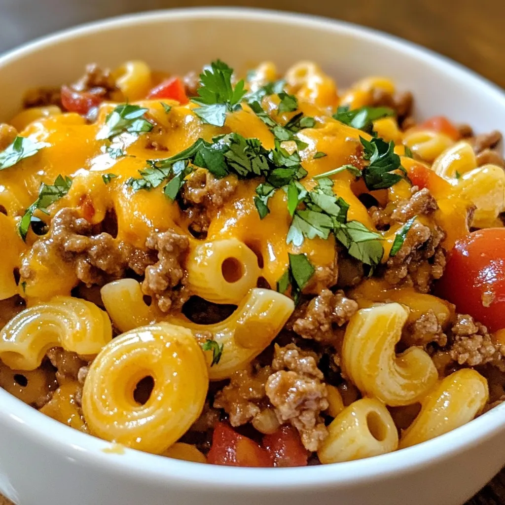 To make this tasty dish, gather these main ingredients: - 1 lb ground beef - 8 oz elbow macaroni - 1 small onion, diced - 2 cloves garlic, minced - 1 packet taco seasoning (or homemade) - 1 can (15 oz) diced tomatoes with green chiles - 2 cups beef broth - 1 cup corn (canned or frozen) - 1 cup shredded cheddar cheese - 2 tablespoons olive oil - Salt and pepper to taste These ingredients blend well. The ground beef gives it depth. The elbow macaroni adds a nice bite. Taco seasoning brings a great flavor. Tomatoes and corn add freshness and texture. To make your dish pop, consider these optional garnishes: - Fresh cilantro, chopped - Sour cream - Sliced jalapeños - Avocado slices These garnishes add color and flavor. They also let each person customize their meal. A dollop of sour cream can cool the spice. Fresh cilantro adds a bright note. Here are some tools you will need: - Large skillet - Wooden spoon or spatula - Measuring cups and spoons - Knife and cutting board Having the right tools makes cooking easier. A large skillet helps cook everything evenly. A good knife is key for chopping onions and garlic. A wooden spoon helps mix without scratching your skillet. {{ingredient_image_1}} 1. Gather all your ingredients. This makes cooking easier and faster. 2. Dice the onion and mince the garlic. Set them aside for later. 3. If you use frozen corn, let it thaw. Canned corn is ready to go. 4. Measure out the beef broth and taco seasoning. This keeps things organized. 1. Heat 2 tablespoons of olive oil in a large skillet over medium heat. 2. Add the diced onion and minced garlic. Sauté for 3-4 minutes until soft. 3. Add 1 pound of ground beef. Break it up with a spoon and cook. 4. Cook until the beef is browned, about 5-7 minutes. Drain any excess fat. 5. Stir in the taco seasoning. Cook for 1-2 minutes to blend flavors well. 6. Pour in one can of diced tomatoes with green chiles and beef broth. 7. Bring the mixture to a simmer. This helps blend all the flavors. 8. Add 8 oz of elbow macaroni. Stir well and cover the skillet. 9. Simmer for 10-12 minutes, stirring occasionally. This cooks the pasta. 10. When the pasta is al dente, mix in 1 cup of corn and 1 cup of shredded cheddar cheese. 11. Stir until the cheese melts and everything is combined. 12. Season with salt and pepper to taste. Adjust as you like. 13. Remove from heat. Garnish with chopped cilantro for a fresh touch. Serve the Beef Taco Pasta Skillet hot. It’s great on its own or with a side salad. You can also top it with more cheese, sour cream, or avocado. Enjoy! To make your Beef Taco Pasta Skillet shine, use quality taco seasoning. You can buy it or make your own. Mixing spices like cumin, chili powder, and paprika gives great flavor. When you sauté the onion and garlic, let them cook until soft. This adds a deep taste to your dish. Don't rush this step. Use fresh diced tomatoes with green chiles for extra zest. The liquid from the tomatoes adds depth. Adding cheese at the end makes everything creamy and rich. Stir it in until it melts for a lovely texture. Start by preparing all your ingredients before cooking. Chop the onion and garlic, measure the broth, and set everything out. This makes cooking smoother. When browning the beef, break it into small pieces for even cooking. If you see too much grease, carefully drain it. Always taste your dish as you go. This helps you adjust the seasoning. Keep an eye on the pasta. Stir it often to prevent sticking. If it seems dry, add a splash of broth. One common mistake is not cooking the pasta long enough. It should be al dente, not mushy. Another mistake is not using enough seasoning. Taste your dish and add salt and pepper as needed. Make sure to stir in the cheese well to avoid clumps. Don’t skip the cilantro at the end. It adds a fresh taste that brightens the dish. Finally, avoid overcrowding the skillet. If it feels too full, cook in batches for better results. Pro Tips Use Lean Ground Beef: Opt for 80/20 lean-to-fat ratio ground beef to keep the dish flavorful without being overly greasy. Homemade Taco Seasoning: For a fresher taste, consider making your own taco seasoning using chili powder, cumin, garlic powder, and paprika. Adjust Pasta Cooking Time: Keep an eye on the pasta as it cooks; you want it al dente to prevent it from becoming mushy when mixed with the sauce. Add Extra Veggies: Enhance nutrition by incorporating bell peppers, zucchini, or spinach into the skillet along with the onions and garlic. {{image_2}} You can swap out ingredients to fit your taste. Instead of ground beef, try ground turkey or chicken. Both options give a lighter flavor. If you want a richer taste, use chorizo. For the cheese, feel free to use Monterey Jack or pepper jack. They melt beautifully and add a nice kick. You can also replace elbow macaroni with penne or rotini. Each pasta shape offers a fun twist to the dish. For a vegetarian version, skip the beef and add black beans or lentils. Both are great protein sources. You can also add more veggies. Chopped bell peppers, zucchini, or mushrooms work well. Use vegetable broth instead of beef broth to keep the flavor rich. This way, you still enjoy a hearty meal without meat. While elbow macaroni shines in this dish, many pasta types fit well. Try fusilli for a fun spiral shape. Shells can hold onto the sauce nicely, too. Even spaghetti can work in a pinch. Just break it into smaller pieces before cooking. Each type brings its unique texture, making the meal exciting every time. To store leftovers, let the beef taco pasta cool down first. Place it in an airtight container. I like to use glass containers, as they keep food fresh. You can keep it in the fridge for up to three days. If you want to keep it longer, consider freezing it. To freeze beef taco pasta, pack it in freezer-safe bags or containers. Make sure to remove as much air as possible. Label the bags with the date. You can freeze it for up to three months. When ready to eat, thaw it in the fridge overnight before reheating. When reheating, you have a few options. You can use the microwave or the stovetop. If using the microwave, heat it in short bursts, stirring in between. For the stovetop, add a splash of beef broth to keep it moist. Heat on low until warm. Enjoy the great flavors again! You can use ground turkey or chicken instead of ground beef. They are leaner options and still give great flavor. For a plant-based choice, try lentils or black beans. Both add protein and texture. When using beans, adjust the cooking time since they are already cooked. Yes, you can make this dish ahead of time. Cook it fully and let it cool down. Once cool, store it in an airtight container. It stays fresh in the fridge for about three days. When ready to eat, reheat it on the stove or in the microwave until hot. To change the spice level, use mild taco seasoning for less heat. You can also add fresh peppers or jalapeños for a kick. For milder flavors, skip the diced tomatoes with chiles. Taste the dish during cooking, and adjust the spices to suit your taste. You’ve learned how to make a tasty Beef Taco Pasta Skillet. I covered the main ingredients, kitchen tools, and detailed steps for prep and cooking. You got tips for flavor and common mistakes to avoid. I also shared fun variations and storage info. This dish is simple and satisfying. Don’t hesitate to try new ingredients or make it your own. Enjoy every bite!