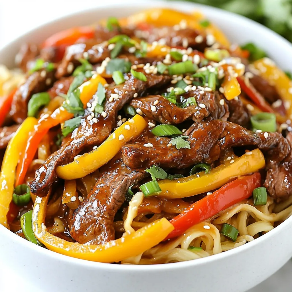- 8 oz rice noodles - 1 lb flank steak - 1 tablespoon cornstarch - 2 tablespoons vegetable oil - 1 onion, sliced - 3 cloves garlic, minced - 1 inch ginger, grated - 1 bell pepper (red or green) - 3 green onions, chopped - 1/4 cup soy sauce - 2 tablespoons brown sugar - 1 tablespoon sesame oil - 1 teaspoon red pepper flakes (optional) - Salt and pepper to taste Gathering the right ingredients is key to making Mongolian Beef Noodles. Start with the rice noodles, which give the dish its base. They cook fast and soak up all the flavors. For the beef, I recommend flank steak. It has great flavor and tenderness. A quick coat of cornstarch helps the beef get crispy when cooked. Next, grab some fresh vegetables. Sliced onion, minced garlic, and grated ginger bring a nice aroma to the dish. Add a bell pepper for a pop of color and crunch. Don't forget green onions; they add freshness and a bit of zing. Now, let’s talk sauces. Soy sauce is a must for that savory kick. Brown sugar adds sweetness, balancing the saltiness. A dash of sesame oil gives a rich, nutty flavor. If you like heat, throw in some red pepper flakes. And of course, season with salt and pepper to taste. These ingredients come together to create a delicious and vibrant meal. You will love how each bite bursts with flavor! {{ingredient_image_1}} - Cook rice noodles according to package instructions. - Drain and set aside. Cooking rice noodles is easy. Just follow the package. You want them soft but not mushy. After cooking, drain them in a colander. Let them sit while you prepare the other ingredients. - Coat flank steak in cornstarch. - Heat vegetable oil and sear beef in batches. Take your flank steak and slice it thinly. Then, put it in a bowl. Sprinkle cornstarch over the beef and toss it well. This helps create a nice crisp when you cook it. Heat vegetable oil in a large skillet. Make sure it’s hot. Add the beef in one layer. Sear for 2-3 minutes until browned. Flip and cook for another 2 minutes. Remove the beef and set it aside. - Cook onion, garlic, and ginger. - Add bell pepper and stir-fry until tender. In the same skillet, add sliced onion, minced garlic, and grated ginger. Stir-fry for 1-2 minutes until the onion softens. Then, toss in the sliced bell pepper. Cook for another 2-3 minutes. You want the veggies to be bright and tender but still crisp. - Return beef to the pan along with green onions. - Mix with sauces and add cooked noodles. Now, put the cooked beef back in the skillet. Add chopped green onions too. Drizzle soy sauce, brown sugar, and sesame oil over everything. If you like heat, add red pepper flakes. Stir well to coat all ingredients. Gently fold in the cooked rice noodles. Toss everything together for 2-3 minutes until heated through. Adjust flavors by adding salt and pepper to taste. To get that nice, crispy texture in your Mongolian Beef Noodles, use cornstarch. Cornstarch coats the beef and helps it fry well. This gives each piece a crunchy bite. Be sure to coat the beef evenly for the best results. Next, control your heat levels. Heat the oil over high heat. This helps to sear the beef quickly, sealing in juices. If your heat is too low, the beef will steam instead of fry. Keep an eye on it to avoid overcooking. You can adjust sweetness and saltiness to suit your taste. If you want it sweeter, add more brown sugar. For salty flavor, drizzle in a bit more soy sauce. Taste as you go to find your perfect balance. Adding more aromatics can really boost flavor. Consider adding extra garlic or ginger. You might also try adding some chopped chilies for a spicy kick. These simple changes can take your dish to the next level. Serve your Mongolian Beef Noodles in large, deep bowls. This makes the dish look inviting. For an appealing touch, garnish with extra green onions and a sprinkle of sesame seeds. These add nice texture and color. You can also place a few cilantro leaves on top. They give a fresh look and vibrant color. A well-presented dish makes every meal feel special. Enjoy the process of making it pretty! Pro Tips Use High Heat: Cooking the beef over high heat ensures it sears quickly, locking in juices and flavor while achieving a nice caramelization. Don’t Overcrowd the Pan: When searing beef, make sure not to overcrowd the pan. This allows for proper browning and prevents steaming. Customize Your Veggies: Feel free to add or substitute other vegetables like snap peas or carrots to suit your taste preferences. Adjust the Sauce: Taste the sauce before serving and adjust the sweetness or saltiness by adding more sugar or soy sauce as needed. {{image_2}} You can easily swap the flank steak for chicken or tofu. Chicken works great when it's sliced thin and cooked quickly. Tofu is perfect for a vegetarian option. Use firm tofu, press it, and slice it into cubes. This will soak up the flavors well. Feel free to add more veggies to your dish. Broccoli, snap peas, or carrots can add color and crunch. You can also use seasonal veggies like zucchini or asparagus in spring. This keeps your meal fresh and exciting. If you like heat, add more red pepper flakes. You can also try chili oil for an extra kick. For milder flavors, skip the red pepper flakes or use sweet chili sauce. Adjusting spice levels lets you customize the dish to your taste. To keep your Mongolian Beef Noodles fresh, store leftovers in an airtight container. Place the container in the fridge. This will help keep the flavors intact. You should eat the leftovers within three days for the best taste. After that, the quality may decline. When you reheat your noodles, you want to keep them tasty. Use a skillet over medium heat. Add a splash of water or broth to prevent drying out. Stir often. Avoid the microwave if you can. It can make the noodles tough. Always check for even heating before serving. If you want to save some for later, freezing is a good option. Divide the noodles into portions and place them in freezer bags. Press out as much air as you can before sealing. When you’re ready to eat, thaw the noodles in the fridge overnight. Reheat them in a skillet with a bit of oil. This will help keep the texture nice. Mongolian Beef Noodles come from Mongolian cuisine, but they are not truly Mongolian. This dish blends Chinese flavors and cooking styles. It features tender beef and veggies, all tossed with savory noodles. The term "Mongolian" often ties to the cooking style rather than the actual origin. Many people enjoy this dish for its bold and rich taste. Yes, you can use other types of noodles. If you want a different texture, try egg noodles or udon noodles. Both options work well in this dish. Just cook them according to package directions before adding them to the mix. This way, you can enjoy the flavors with your preferred noodle type. You can serve Mongolian Beef Noodles with many sides. Here are some great options: - Steamed broccoli - Stir-fried bok choy - Crispy spring rolls - A fresh cucumber salad These sides add color and balance to your meal. They also enhance the Asian flavors of the dish. To make Mongolian Beef Noodles gluten-free, swap soy sauce for tamari. Tamari is a gluten-free soy sauce alternative. You can also use rice noodles, which are naturally gluten-free. Ensure all other ingredients are gluten-free too. This way, everyone can enjoy this tasty dish without worry. Yes, you can meal prep Mongolian Beef Noodles. Cook the dish and let it cool before storing. Use airtight containers to keep it fresh. Store in the fridge for up to three days. When ready to eat, reheat in the microwave or on the stovetop. This makes for a quick, delicious meal later. To check if the beef is cooked properly, look for a nice brown color. The beef should be tender and not chewy. Use a meat thermometer to ensure it reaches 145°F (63°C). This guarantees it is safe to eat. If you're unsure, cut a piece in half to check. If it is still pink, cook it a bit longer. This blog covered all you need to know about making Mongolian Beef Noodles. We discussed key ingredients, from rice noodles to flank steak, and how to stir-fry them perfectly. You now have tips for taste and texture, along with variations to suit your needs. Remember, this dish is flexible. You can swap proteins or spices for your favorite flavors. Enjoy experimenting with your new skills, and savor the delicious results!