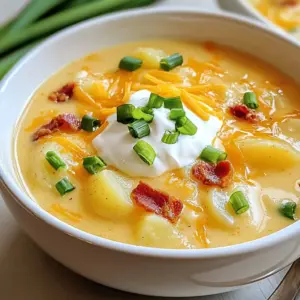 To make this loaded potato soup, gather these key items: - 4 large russet potatoes, peeled and cubed - 1 medium onion, diced - 3 cloves garlic, minced - 4 cups vegetable broth - 1 cup heavy cream - 1 cup sharp cheddar cheese, grated - &frac12; cup sour cream - 1 teaspoon smoked paprika - 1 teaspoon dried thyme - Salt and pepper to taste - 1 cup cooked and crumbled turkey bacon (or vegetarian bacon) - &frac14; cup green onions, chopped for garnish These ingredients provide the base for a rich, creamy soup that warms you up. You can add your own twist to this soup. Here are some ideas: - Extra cheese for more flavor - Different herbs like rosemary or parsley - A splash of hot sauce for some heat - Corn for added sweetness and texture Feel free to mix and match based on your tastes. If you have dietary needs, here are some easy swaps: - Use almond milk or coconut milk instead of heavy cream for a lighter soup. - Substitute cauliflower for potatoes for a lower-carb option. - Use plant-based cheese for a vegan version. These substitutions help you enjoy this soup while meeting your dietary goals. {{ingredient_image_1}} Start by peeling and cubing the russet potatoes. You need four large ones. Next, dice one medium onion and mince three cloves of garlic. In a large pot, heat a bit of olive oil over medium heat. Add the diced onion first. Saut&eacute; it for about five minutes until it becomes translucent. Then, stir in the minced garlic. Cook it for one more minute until it smells great. Add the cubed potatoes to the pot. Pour in four cups of vegetable broth. Bring it to a boil, then lower the heat to let it simmer. Cover the pot and let it cook for 15 to 20 minutes. Your potatoes should be tender when ready. Now, take out your immersion blender. Carefully blend the soup until it&rsquo;s smooth. If you like some chunks, blend it less. After that, stir in one cup of heavy cream, one cup of grated sharp cheddar cheese, and half a cup of sour cream. Also, add one teaspoon each of smoked paprika and dried thyme. Season with salt and pepper. Cook on low heat for about five minutes until the cheese melts and everything is hot. Finally, mix in one cup of crumbled turkey bacon. Using an immersion blender is simple and safe. First, make sure the soup is cool enough to touch. Insert the blender into the pot, keeping it below the surface. Blend in short bursts. This method prevents splattering. Move the blender around to blend evenly. If you want a creamier texture, keep blending until smooth. If you prefer some texture, blend less and leave some potato chunks. Adjusting the soup&rsquo;s texture is easy. If you want it thicker, blend less and leave more chunks. For a creamier soup, blend longer. If it feels too thick, add a splash of vegetable broth or cream to thin it out. Taste the soup and adjust seasoning as needed. Don't forget, everyone has their own liking. So, make it just how you want! To make your loaded potato soup shine, focus on the base flavors. Start with fresh ingredients. Use high-quality vegetable broth for depth. Saut&eacute; the onions until they're soft and sweet. This adds a nice layer of flavor. Don't skip the garlic; it gives the soup a warm aroma. Adding smoked paprika brings a subtle smokiness. Try fresh herbs like thyme for a bright touch. You can also experiment with toppings. Crispy bacon or extra cheese can elevate each bite. To create a creamy texture, use heavy cream and sour cream. These ingredients make the soup rich and velvety. After cooking, blend the soup until smooth. An immersion blender works best for this. If you prefer a chunky feel, blend only half the soup and leave the rest. Always add cheese at the end. Let it melt slowly into the warm soup for extra creaminess. Remember to keep the heat low to prevent curdling. One common mistake is not seasoning enough. Taste your soup as you cook and adjust the salt and pepper. Another mistake is overcooking the potatoes. They should be tender but not mushy. If you blend too long, you may lose the chunky texture. Lastly, don't rush adding cream. Let the soup cool slightly before mixing in the cream to avoid curdling. Following these tips will help you create a delicious and comforting soup. Pro Tips Use Yukon Gold Potatoes: For a creamier texture and buttery flavor, consider using Yukon Gold potatoes instead of russet potatoes. Make It Ahead: This soup can be made in advance and stored in the refrigerator for up to 3 days. Just reheat gently on the stove. Season Gradually: Be sure to taste and adjust the seasoning gradually, as the flavor can change once the cheese is added. Add Variety: Feel free to mix in other toppings like crispy onions, diced tomatoes, or even a drizzle of hot sauce for extra flavor. {{image_2}} You can make this soup vegetarian or vegan easily. Just swap the chicken broth for vegetable broth. For vegan creaminess, use coconut milk or cashew cream instead of heavy cream. You can also replace sour cream with a vegan alternative like cashew yogurt. Use plant-based cheese to keep it vegan. This option keeps the rich, creamy flavor while being friendly to all diets. If you love heat, add some spice! Mix in diced jalape&ntilde;os or a pinch of cayenne pepper. For a smoky kick, try adding chipotle in adobo sauce. You can also sprinkle some crushed red pepper flakes on top before serving. These spicy options make the soup exciting and add extra depth to the flavor. You can make this soup lighter while keeping it delicious. Use low-fat milk or almond milk instead of heavy cream. Swap cheddar cheese for a reduced-fat version or nutritional yeast for a cheesy flavor. You can also use turkey bacon or even skip the meat entirely. Adding extra veggies, like spinach or kale, boosts nutrition without losing taste. These changes keep your soup comforting and a bit healthier. To keep your loaded potato soup fresh, store it in an airtight container. Let the soup cool before sealing it. You can store it in the fridge for up to four days. Make sure to label the container with the date so you know when you made it. When you are ready to enjoy your leftovers, pour the soup into a pot. Heat it over medium-low heat. Stir often to prevent sticking. You may need to add a splash of broth or water if it seems too thick. Heat until it is warmed through, about 5 to 10 minutes. You can freeze loaded potato soup for later. Use a freezer-safe container or bag. Leave some space at the top since the soup will expand. It can last in the freezer for up to three months. To thaw, place it in the fridge overnight. Reheat it on the stove as mentioned above. Yes, you can! To make Loaded Potato Soup in a slow cooker, start by saut&eacute;ing the onion and garlic in a pan. This adds great flavor. Then, add everything else to the slow cooker. Include the cubed potatoes, vegetable broth, and spices. Cook on low for 6 to 8 hours or on high for 3 to 4 hours. When it's done, blend it to your liking and stir in cream and cheese. Enjoy a hands-off cooking method! If your soup is too thin, don&rsquo;t worry! You can thicken it easily. One way is to mix a tablespoon of cornstarch with water, then stir it into the soup. Let it cook for a few minutes until it thickens. Another method is to mash some of the potatoes in the pot. This gives the soup a nice creamy texture. You can also add more cheese or cream for extra richness. Loaded Potato Soup pairs well with many sides. Here are some tasty options: - A simple green salad for freshness. - Garlic bread or crusty rolls for dipping. - Grilled cheese sandwiches for a fun twist. - Crispy bacon or turkey bacon on the side for added crunch. These sides enhance the meal and keep the comfort vibe alive! This blog post covered all you need for making Loaded Potato Soup. You learned about essential and optional ingredients, along with substitutes for dietary needs. I shared easy steps for cooking and tips for using an immersion blender. You now know how to boost flavor and avoid common mistakes. We explored variations like vegetarian options and healthier choices. Finally, I provided storage tips and answered common questions. With this knowledge, you can create tasty soups that fit your needs and preferences. Enjoy your cooking adventure!