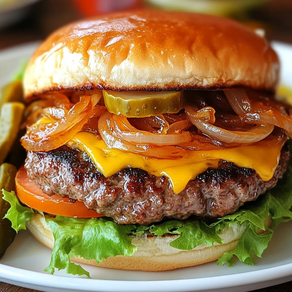 - 1 lb ground beef (80/20) - 4 slices of cheddar cheese - 4 burger buns (preferably brioche) - 1 large onion, thinly sliced To make the best smash burgers, start with ground beef that has 20% fat. This blend gives the burger great flavor and juiciness. Cheddar cheese adds a rich, creamy taste. Using brioche buns makes the burger feel special. Caramelized onions bring natural sweetness and depth to the dish. - Lettuce - Tomato - Pickles - Favorite burger condiments You can add your favorite toppings. Fresh lettuce adds crunch. Slices of tomato bring juiciness. Pickles add a tangy bite. Don’t forget your go-to sauces like ketchup or mustard. These extras can make your smash burger truly your own. {{ingredient_image_1}} To make the best caramelized onions, start by heating olive oil in a skillet over medium heat. Add your thinly sliced onion and sprinkle a pinch of salt on top. Cook the onions for about 15 to 20 minutes while stirring occasionally. You want them to turn golden brown and sweet. Once done, remove them from the heat and set them aside. Next, let's shape the burger patties. Divide the ground beef into four equal pieces, roughly 4 ounces each. Roll them into balls without pressing too hard. Remember, you want to keep the meat tender. Once you have your balls, it’s time to cook them. Preheat your griddle or skillet over high heat until it’s very hot. This high heat helps create a nice sear on the burgers. When the surface is ready, place the beef balls on it. Leave enough space between each ball. Now, take a spatula and press down firmly on each ball until they are flat, about half an inch thick. Don’t forget to season them with garlic powder, salt, and pepper! Once the edges of the patties start to brown, which takes about 2 to 3 minutes, it’s cheese time! Place a slice of cheddar cheese on each patty. Cover the pan with a lid for about a minute. This helps the cheese melt perfectly over the burgers. While the cheese melts, let’s toast the buns. In a separate pan, melt some unsalted butter over low heat. Cut the brioche buns in half and place them in the buttery pan. Toast them until they become golden brown. Now, you have perfectly cooked patties with melted cheese and toasted buns! To ensure a good sear, heat your griddle or skillet over high heat. The pan needs to be very hot. This high heat makes the outside of the patty crispy and brown. When you place the beef balls in the pan, press them down quickly. Use a spatula for this. The key to a great smash burger is that nice sear. Here are some tools I recommend: - A heavy spatula for smashing the burgers. - A griddle or cast-iron skillet for even heating. - A burger press for uniform patties. - A sharp knife for slicing onions and toppings. - A cutting board for easy prep. These tools will help you create the best smash burgers. One common mistake is overworking the meat. This makes the burgers tough. Gently shape the meat into balls without packing it too tightly. Another mistake is not cooking at the right temperature. If the pan is not hot enough, your burgers won't sear well. Always check that your cooking surface is ready before you start. Pro Tips Use High-Quality Beef: Choosing an 80/20 ground beef blend ensures a juicy burger with enough fat for flavor and moisture. Rest Your Patties: After cooking, let the burgers rest for a couple of minutes before assembling. This helps retain the juices. Keep Your Cooking Surface Hot: A hot griddle or skillet is essential for a perfect sear, enhancing flavor and texture. Experiment with Toppings: Get creative with your toppings! Try adding unique ingredients like avocado, jalapeños, or gourmet sauces for a twist. {{image_2}} You can change the taste of your smash burgers with different cheeses. Here are a few great options: - American cheese for a classic melt - Pepper jack for a spicy kick - Blue cheese for a bold flavor - Swiss for a nutty taste You can also mix up the seasonings. Instead of just garlic powder, try adding: - Smoked paprika for depth - Onion powder for sweetness - Chili powder for heat - Italian herbs for a fresh twist Toppings can turn a good burger into a great one. Here are some creative ideas: - Avocado slices for creaminess - Crispy bacon for crunch - Fried egg for richness - Kimchi for a tangy bite - Sautéed mushrooms for earthiness Feel free to add your favorites like lettuce, tomato, or pickles. You can cook smash burgers on a grill or stovetop. Each method has its perks: - Grilling: Gives a smoky flavor. Preheat the grill, and use high heat. Cook your patties until they have nice grill marks. - Stovetop: Ideal for year-round cooking. Use a cast-iron skillet for a good sear. Heat it well before placing the beef balls on it. Whichever method you choose, make sure to get that nice crust on your burgers for the best flavor! To keep leftover burgers fresh, store patties and buns separately. Place the cooked patties in an airtight container. This way, they stay juicy. For the buns, wrap them in plastic wrap or foil. This keeps them from getting stale. Make sure to refrigerate both items. They can last up to three days in the fridge. Reheating burgers needs care to keep them tasty. Place the patty in a skillet on low heat. Cover it with a lid to warm it through. This method helps retain moisture. For the buns, toast them lightly in a pan. This adds a nice crunch. Avoid using the microwave, as it can make the buns soggy. Freezing burgers is a great way to save time. To freeze, first, let the patties cool completely. Then, place each patty in a freezer bag. Remove as much air as you can. For buns, wrap them tightly in plastic. You can freeze them for up to three months. When ready to eat, thaw in the fridge overnight before reheating. This keeps them fresh and delicious! The best meat ratio for smash burgers is 80/20. This means 80% lean meat and 20% fat. The fat adds flavor and moisture. It keeps the burgers juicy and tender when cooked. If you use too lean meat, your burgers may dry out. To make your burgers juicy, start with good meat. Use 80/20 ground beef for the best results. Avoid overworking the meat when shaping patties. Press down gently to form balls, then flatten them on the cooking surface. Season well with salt and pepper. Adding cheese while cooking helps keep the moisture in too. Yes, you can use different types of cheese for your smash burgers. Cheddar is classic, but try Swiss, pepper jack, or blue cheese. Each cheese brings its own flavor. Just make sure it melts well. Add it to the burger when it’s almost done cooking. - Other common questions related to smash burgers: - What toppings go best with smash burgers? - Can I use turkey or chicken instead of beef? - How can I tell when the burgers are done? - What is the ideal cooking time for smash burgers? In this post, I walked you through making ultimate smash burgers, from ingredients to cooking tips. Using quality ground beef and having fun with toppings matters. Remember, avoid overworking the meat for the best texture. You can store leftovers and even freeze burgers for later. This way, you always have a tasty option on hand. Enjoy trying out the many variations, and keep experimenting to find your perfect smash burger!