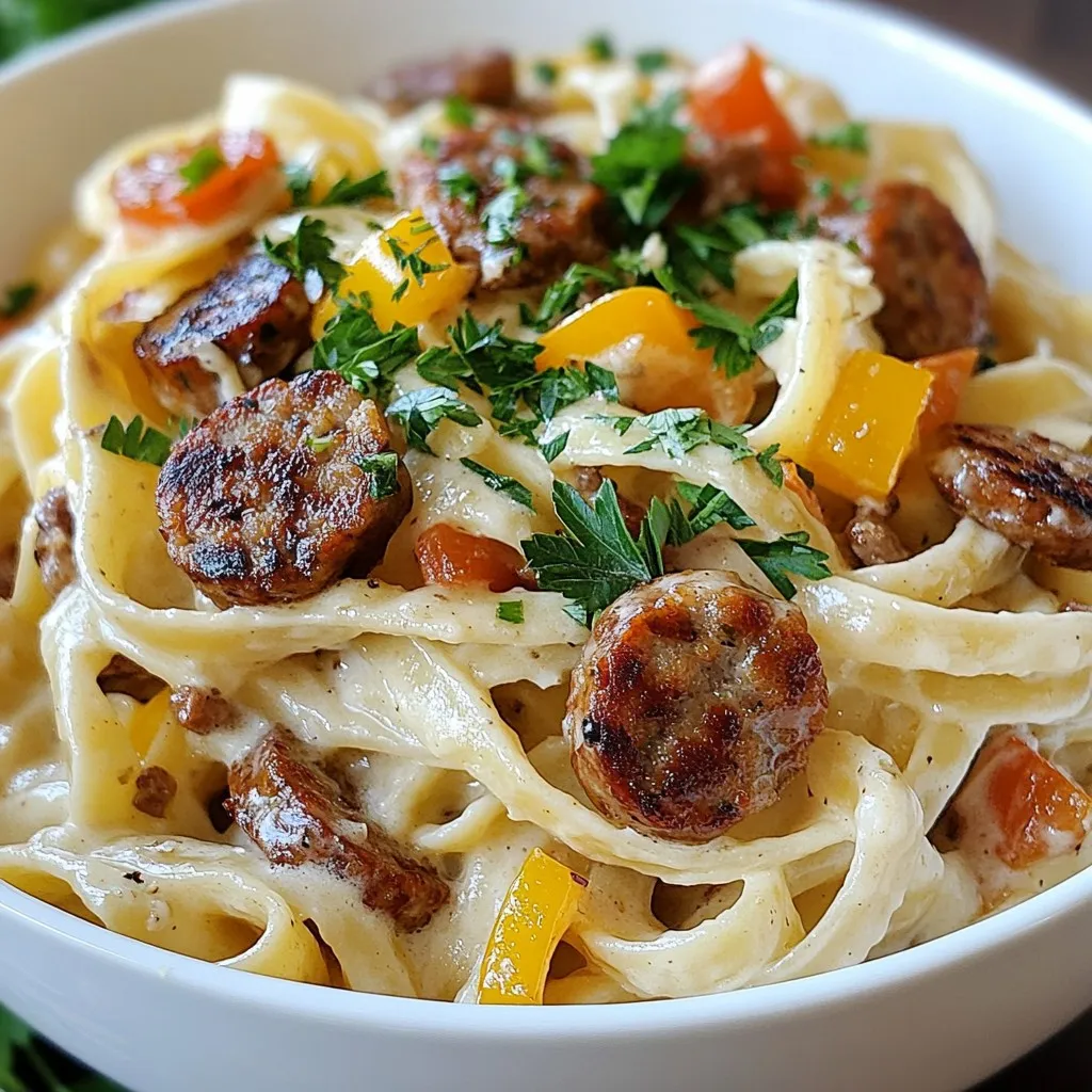 - Fettuccine pasta: Use 8 ounces of fettuccine pasta. It's wide and perfect for creamy sauces. Cook it until it's al dente for the best texture. - Sausage options: You can choose 1 pound of Andouille or smoked sausage. Slice it into rounds. Both types bring great flavor to the dish. - Seasoning and cream specifics: You need 1 cup of heavy cream and 1 cup of grated Parmesan cheese for the sauce. Add 1 teaspoon of Cajun seasoning and ½ teaspoon of smoked paprika for that spicy kick. Don't forget salt and pepper to taste! Lastly, use chopped parsley for a fresh garnish. This blend of ingredients gives you a rich and flavorful pasta that everyone will love. {{ingredient_image_1}} To start, fill a large pot with water and add salt. The salt helps add flavor to the pasta. Bring the water to a boil. Once boiling, add 8 oz of fettuccine pasta. Cook it for about 8 to 10 minutes. You want the pasta to be al dente, which means it should be firm but not hard. Test the pasta a minute before the time is up. If it feels right, drain it and set it aside. Next, grab a large skillet and heat 2 tablespoons of olive oil over medium heat. Add 1 pound of sliced Andouille or smoked sausage. Cook it for about 5 to 7 minutes until it turns golden brown and crispy. This helps bring out the flavor. Then, toss in a diced bell pepper and a chopped onion. Cook them for another 3 to 4 minutes until they soften. Finally, add 3 cloves of minced garlic and stir for about 1 minute. This will make your kitchen smell amazing! Now, reduce the heat to low. Pour in 1 cup of heavy cream and stir gently. Let it come to a gentle simmer. Gradually add 1 cup of grated Parmesan cheese, 1 teaspoon of Cajun seasoning, and ½ teaspoon of smoked paprika. Stir continuously until the cheese melts and the sauce becomes creamy. Taste your sauce and add salt and pepper as needed. Once the sauce is ready, mix in the cooked fettuccine. Toss everything well and cook for another 2 minutes to heat through. To make a creamy sauce, start with low heat. This keeps the cream from boiling too fast. When you add the cheese, do it slowly. Stir as you add it, so it melts nicely. If you see the sauce getting too thick, add a splash of pasta water. This keeps it smooth and helps coat the pasta well. To prevent the sauce from separating, don’t rush the cooking. Always heat it gently. If your sauce starts to separate, add a bit more cream. Stir it in while the heat is low. This can bring it back together smoothly. For the best presentation, serve your pasta in deep bowls. Top each bowl with extra Parmesan cheese. A sprinkle of fresh parsley adds a nice touch too. For a complete meal, garlic bread pairs perfectly. It complements the flavors and adds a nice crunch. You can also serve a simple salad on the side. A green salad with a light dressing works well. This adds freshness to your meal and balances the creamy pasta. Pro Tips Tip Title: Choose Quality Sausage: Opt for high-quality Andouille or smoked sausage for richer flavor and better texture in your dish. Tip Title: Customize the Spice: Adjust the amount of Cajun seasoning according to your heat preference; feel free to add more for extra kick! Tip Title: Perfectly Cooked Pasta: Make sure to cook the fettuccine until al dente for the best texture that holds up well in the creamy sauce. Tip Title: Fresh Herbs Matter: Garnish with freshly chopped parsley right before serving to enhance flavor and add a vibrant touch to your dish. {{image_2}} You can swap sausages if you want variety. Try spicy Italian sausage for a different taste. Chicken sausage is a leaner option. For a milder flavor, use turkey sausage. If you want a vegetarian or vegan dish, you can replace the sausage with mushrooms or tempeh. These options add a nice texture. Use cashew cream or coconut milk instead of heavy cream for a vegan sauce. Nutritional yeast can give that cheesy flavor without dairy. Want more heat? You can add extra Cajun seasoning or a pinch of cayenne pepper. This adds a nice kick to the dish. Feel free to toss in vegetables you love. Spinach, zucchini, or broccoli work well here. You can also add shrimp or chicken for extra protein. Just cook these proteins before adding them to the sauce. Mix and match to find your favorite flavor combos! To keep your Cajun Sausage Alfredo Pasta fresh, use airtight containers. Glass containers work well. They do not stain and are easy to clean. You can also use plastic containers that seal tightly. Store your pasta in the fridge if you plan to eat it within three days. For longer storage, freeze it. Place the pasta in freezer-safe bags. Remove as much air as you can before sealing. This helps prevent freezer burn. When you’re ready to eat the leftovers, you can reheat them in different ways. The microwave is quick and easy. Use a microwave-safe bowl and cover it with a lid or a damp paper towel. This keeps moisture in. You can also reheat on the stove. Place your pasta in a pan over low heat. Add a splash of cream or milk. This will help keep the sauce creamy. Stir often until it’s warm. Avoid high heat, as this can make the sauce separate. Enjoy your meal! I recommend using Andouille sausage for its bold flavor. It adds a nice kick to the dish. Smoked sausage also works well if you prefer a milder taste. Both options will give your Cajun Sausage Alfredo Pasta a delicious twist. Yes, you can make Cajun Sausage Alfredo Pasta ahead of time. Cook the pasta and sausage as directed. Then, store them separately in the fridge. When you're ready to eat, just heat them together in a pan. Add a splash of cream if the sauce thickens too much. To make this dish gluten-free, use gluten-free fettuccine. Many brands offer great options. Just follow the same cooking instructions. The rest of the ingredients are naturally gluten-free. Enjoy your tasty meal without worry! This blog post covered key steps to make a delicious Cajun Sausage Alfredo. We explored pasta, sausage options, and seasonings. I shared tips for cooking pasta and making a creamy sauce that won’t separate. You learned about variations, storage tips, and reheating methods to preserve flavor. Now, you have all you need to create your own dish. Enjoy experimenting with flavors and ingredients. You’ll impress your family with each bite!
