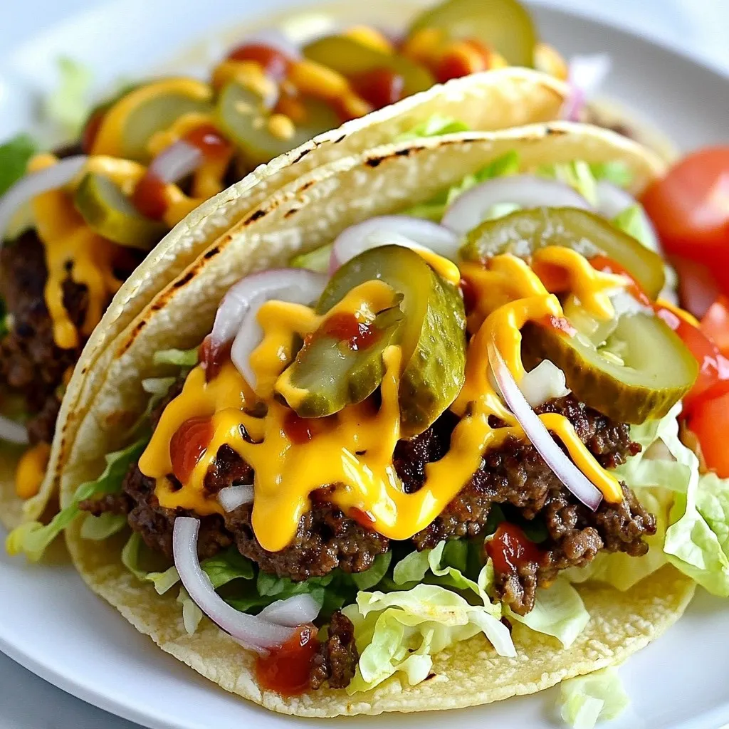 - 1 lb ground beef (80/20 blend for juiciness) - 8 small corn tortillas - 1 cup shredded cheddar cheese - 1/2 cup lettuce, shredded - 1 tomato, diced - 1/4 cup pickles, sliced - 1/4 cup onion, finely chopped The main star is the ground beef. I love using an 80/20 blend. This gives a juicy bite. The corn tortillas add a nice crunch. They hold all the goodness inside. Cheddar cheese melts beautifully on the patty. Fresh toppings like lettuce and tomato bring balance. Pickles and onions add a nice kick. - 2 tablespoons mayonnaise - 2 tablespoons ketchup - 1 tablespoon mustard Condiments are key to a great taste. I mix mayonnaise, ketchup, and mustard for my sauce. It’s creamy and tangy. This sauce pairs well with the beef. It also adds moisture to the tacos. - Salt and pepper to taste - Cooking oil (for frying) Seasoning is essential for flavor. I use simple salt and pepper for the beef. They enhance the taste without overpowering it. A little cooking oil is needed to fry the patties. It helps create a nice crust when smashing the beef. {{ingredient_image_1}} Start by getting your toppings ready. Shred the lettuce into thin strips. Dice the tomato into small pieces. Slice the pickles into rounds. Finally, chop the onion finely. Set all these aside in small bowls. This way, you can grab them easily when you build your tacos. Next, let’s make the burger sauce. In a small bowl, combine 2 tablespoons of mayonnaise, 2 tablespoons of ketchup, and 1 tablespoon of mustard. Mix them well until they blend into a smooth sauce. This sauce adds a nice tangy flavor to your tacos. Now, heat a skillet or griddle over high heat. Add a small amount of cooking oil to the pan. Take about a handful of ground beef and shape it into a loose ball, about 4 ounces. When the pan is hot, place the beef ball in the skillet. Use a spatula to press it down firmly to flatten it. Season the beef with salt and pepper. Cook for about 2-3 minutes until a crust forms on the bottom. Once your beef patties are ready, it’s time to assemble the tacos. Place each cooked patty on a warmed corn tortilla. Start layering your toppings. Add shredded lettuce, diced tomato, onion, and pickles on top of the beef. Finally, drizzle the burger sauce over everything. Fold the tortillas over the fillings carefully, and your smash burger tacos are ready to enjoy! To get the best smash burger, you need high heat. Heat your skillet until it’s really hot. This helps create a nice crust. Use a little cooking oil to prevent sticking. When you form the beef into a ball, make sure it is loose. This keeps the burger juicy. Smash the ball down firmly with a spatula. Press down hard to flatten it. Season with salt and pepper right away. Cook for 2-3 minutes without moving it. Wait for that golden crust to form. Flip it and add cheese immediately. That way, it melts perfectly. You can add more flavor to your burger. Try using garlic powder or onion powder. A little paprika can give it a nice kick. If you like heat, add cayenne pepper. These spices mix well with the beef. You can also season the beef before cooking. Just remember to use salt and pepper too. Make your tacos look great on the plate. Serve them on a wooden platter for a rustic feel. Add extra sauce on the side for dipping. This makes it fun for everyone. A sprinkle of fresh cilantro can add color. Lime wedges are great too. They add freshness and zest. Pro Tips Use High-Quality Beef: Choosing an 80/20 blend of ground beef ensures your burgers are juicy and flavorful. Avoid leaner blends to maintain the desired moisture. Perfectly Smash: When smashing the burger, apply firm and even pressure to create a nice crust. This enhances the flavor through the Maillard reaction. Cheese Melting Tip: Covering the skillet after flipping the burger helps the cheese melt perfectly, resulting in a gooey, delicious topping. Warm Tortillas: Warming the tortillas before assembling the tacos makes them more pliable and prevents them from tearing, ensuring a better taco experience. {{image_2}} You can switch up the meat in your smash burger tacos. Ground turkey is a great choice if you want something leaner. It keeps the dish light but still tasty. If you're looking for plant-based options, try using lentils or black beans. Both can give you a hearty and satisfying bite. Just mash them well and season as you would meat. Cheese makes everything better, right? While cheddar is classic, you can get creative! Try pepper jack for a spicy kick. You could also use mozzarella for a milder taste. Another fun option is crumbled blue cheese for a bold flavor. Each cheese adds its own special twist to your tacos. Toppings can make your tacos shine! Jalapeños add heat and crunch. Avocado brings creaminess that balances flavors. You can also throw in some corn for sweetness or fresh cilantro for a herby touch. Don’t forget about salsa or guacamole for extra flavor. Mix and match until you find your perfect combo! Store your leftover smash burger tacos in an airtight container. This keeps them fresh. Place the tacos in the fridge. They can last for 2 to 3 days. If you have cooked beef patties, store them separately. This helps keep the tortillas from getting soggy. To reheat tacos, use an oven or skillet. This method helps keep the texture. Preheat the oven to 350°F (175°C). Wrap the tacos in foil and heat for 10 minutes. If using a skillet, add a little oil and heat over medium. Warm each side for about 2 minutes. Check to make sure they are hot inside. You can freeze both cooked fillings and raw patties. For cooked fillings, let them cool first. Place them in a freezer bag, removing as much air as possible. They can last for up to 3 months. For raw patties, form them and freeze on a baking sheet. Once firm, transfer them to a bag. This method keeps them from sticking together. For smash burger tacos, I recommend using an 80/20 blend of ground beef. This blend has 80% lean meat and 20% fat. The fat gives the beef great flavor and juiciness. When you smash the beef in the pan, the fat helps form a tasty crust. You can also try blends like 85/15, but keep the fat content high for the best taste. Yes, you can prepare some parts ahead of time. You can cook the beef patties and store them in the fridge. Just keep them in an airtight container. You can also chop the toppings, like lettuce and tomatoes, a few hours before. Just store them in the fridge. When you are ready to eat, warm the beef and tortillas, and assemble your tacos. The best toppings for smash burger tacos include: - Shredded lettuce - Diced tomatoes - Sliced pickles - Chopped onions You can also add other fun toppings, like jalapeños for heat or avocado for creaminess. Some people love to add hot sauce or extra cheese for more flavor. Feel free to mix and match your favorites! This guide covered the key ingredients and steps for making smash burger tacos. You learned about necessary condiments, seasonings, and helpful tips. Variations on meat, cheese, and toppings let you get creative. Don't forget the best practices for storage and reheating. Now, you can enjoy these tasty tacos any time. Dive in and experiment with flavors that excite you.