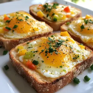 To make cheesy egg toast, gather these key ingredients: - 4 slices of whole grain bread - 4 large eggs - 1 cup shredded cheddar cheese - 1/2 cup diced bell peppers (mixed colors) - 1/4 cup chopped green onions - 1/4 teaspoon garlic powder - Salt and pepper to taste - 2 tablespoons olive oil - 1 tablespoon fresh parsley, for garnish These ingredients bring flavor and texture to your dish. Whole grain bread adds heartiness, while the eggs provide protein. The cheddar cheese melts beautifully and adds creaminess. You can make your cheesy egg toast even better with these optional add-ins: - Cooked bacon or sausage for extra protein - Spinach or kale for some greens - Diced tomatoes for freshness - Avocado slices for creaminess - Hot sauce for a spicy kick These add-ins help you customize your toast. Try different combinations to find your favorite. Here's a quick look at the nutrition for one serving of cheesy egg toast: - Calories: Approximately 300 - Protein: 15g - Carbohydrates: 30g - Fat: 15g - Fiber: 4g This dish gives a good balance of carbs and protein. It is filling and can be part of a healthy breakfast or lunch. {{ingredient_image_1}} Gather your ingredients first. You will need: - 4 slices of whole grain bread - 4 large eggs - 1 cup shredded cheddar cheese - 1/2 cup diced bell peppers (mixed colors) - 1/4 cup chopped green onions - 1/4 teaspoon garlic powder - Salt and pepper to taste - 2 tablespoons olive oil - 1 tablespoon fresh parsley, for garnish Start by preheating your oven to 375&deg;F (190&deg;C). Next, heat 1 tablespoon of olive oil in a frying pan over medium heat. Add the diced bell peppers and cook for about 3-4 minutes. You want them soft but not mushy. Remove them from heat and set them aside. On a baking sheet, lay out the slices of bread. Use a spoon to make a small well in the center of each slice. In a bowl, crack the eggs and whisk them lightly. Add garlic powder, salt, and pepper for flavor. Now, fill the wells with the saut&eacute;ed bell peppers. Carefully pour the whisked egg into each well, filling it just below the edge. Next, sprinkle shredded cheddar cheese on top of each one. Drizzle the remaining olive oil over the toasts. This step adds extra flavor and helps them cook evenly. Place the baking sheet in the preheated oven. Bake for 12-15 minutes. You know they&rsquo;re ready when the egg is set and the cheese is bubbly and golden. To make sure your Cheesy Egg Toast turns out great, follow these tips: - Check the Oven: Keep an eye on the toast while it bakes. Ovens can vary, so check for doneness a few minutes early. - Use Fresh Ingredients: Fresh eggs and veggies make a big difference in taste. - Don't Overcrowd: If you need to make more, bake in batches. This ensures even cooking. - Cool Slightly: Let the toasts cool for about a minute after baking. This helps the cheese set a bit. - Garnish: Top with chopped green onions and parsley for a fresh touch. These steps and tips will help you create a delicious Cheesy Egg Toast that everyone will love! To make cheesy egg toast perfect, follow these steps: - Preheat the Oven: Always start with a hot oven at 375&deg;F (190&deg;C). This helps the egg cook evenly. - Saut&eacute; the Peppers: Cook the diced bell peppers first. This softens them and adds great flavor. - Create Wells in Bread: Use a spoon to make a small well in each slice of bread. This keeps the eggs from spilling over. - Careful Egg Pouring: Pour the whisked egg slowly into the well. Fill it just below the edge to prevent overflow. - Cheese on Top: Don&rsquo;t hold back on the cheese! A generous layer makes it gooey and delicious. If your cheesy egg toast doesn&rsquo;t turn out right, check these tips: - Eggs Are Runny: If the eggs are not set, bake them a bit longer. Keep an eye on them to avoid burning. - Bread Is Soggy: Use thick slices of whole grain bread. Thin bread can get too soft with moist toppings. - Cheese Isn&rsquo;t Melting: Try using freshly shredded cheese instead of pre-shredded. It melts better and tastes richer. - Burnt Edges: If the edges of the bread burn, move the baking sheet to a lower rack. This helps cook the toast evenly. Make your cheesy egg toast look great on the plate: - Rustic Boards: Serve the toast on a wooden board for a cozy feel. - Garnish: Add fresh parsley and diced green onions on top for color. - Side Dishes: Pair with avocado slices or cherry tomatoes for freshness. This adds color and nutrition. - Fun Plating: Arrange the toast in a circle, or place them in a line. This makes the dish more appealing. Pro Tips Use Fresh Ingredients: Fresh bell peppers and eggs make a significant difference in flavor. Opt for organic or locally sourced produce when possible. Experiment with Cheese: While cheddar is delicious, try mixing in other cheeses like mozzarella or feta for a unique twist on flavor. Adjust Cooking Time: Depending on your oven, you may need to adjust baking time slightly. Keep an eye on the cheese to ensure it doesn't over-brown. Make it Your Own: Add other toppings like diced tomatoes, spinach, or even cooked bacon for extra flavor and texture. {{image_2}} If you want a veggie-packed cheesy egg toast, you have great choices. Swap out the bell peppers for saut&eacute;ed spinach or mushrooms. You can also add diced tomatoes or zucchini for extra flavor. Don't forget to sprinkle in some fresh herbs like basil or thyme to brighten it up. For those who crave more protein, consider adding cooked bacon or sausage. You can also mix in some beans or chickpeas. These options boost your toast's protein and make it more filling. Just remember to adjust the cooking time slightly if you add raw meat to ensure it's cooked through. If you like spice, try adding jalape&ntilde;os or a dash of hot sauce to your egg mix. You could also use pepper jack cheese instead of cheddar for a kick. For an extra layer of flavor, sprinkle smoked paprika or chili flakes on top before serving. These small changes make a big impact on taste. To keep your cheesy egg toast fresh, store it in an airtight container. Make sure it cools down first. This helps keep moisture in but prevents sogginess. Place a paper towel in the container to absorb extra moisture. You can store it in the fridge for up to three days. When you want to enjoy your leftovers, reheat them in the oven. Set the oven to 350&deg;F (175&deg;C). Place the slices on a baking sheet. Heat for about 10 minutes, or until warm. You can also use a microwave. Heat for 30 seconds at a time, checking often. This keeps the cheese from becoming tough. If you want to freeze cheesy egg toast, wrap each slice in plastic wrap. Then place them in a freezer bag. They can last up to a month in the freezer. When ready to eat, thaw them in the fridge overnight. Reheat as mentioned before. This way, you&rsquo;ll always have a tasty meal ready to go. Yes, you can use many types of cheese! Cheddar is great, but try mozzarella, gouda, or even feta. Each cheese brings a unique taste and texture. Mix and match to find your favorite combo. I love using a blend of cheeses for a richer flavor. To make cheesy egg toast ahead, prepare the bread and toppings first. Saut&eacute; the bell peppers and fill the bread wells with them. You can even whisk the eggs and season them. Store everything in the fridge until you are ready to bake. When you want to eat, just pour the eggs in and bake. It saves time and still tastes fresh! If you don't have whole grain bread, use white, sourdough, or rye. Each bread type changes the taste and texture slightly. Gluten-free bread works too if you need that option. Just choose your favorite bread, and enjoy your cheesy egg toast! In this article, we explored how to make delicious cheesy egg toast. We covered essential ingredients and optional flavor add-ins. You learned step-by-step baking instructions and key cooking techniques for great results. I shared tips for serving and common mistakes to avoid. Plus, there were tasty variations to try, and storage tips for leftovers. Cheesy egg toast is versatile and easy to make. It can fit any meal. Enjoy experimenting with different flavors and techniques to find your favorite!