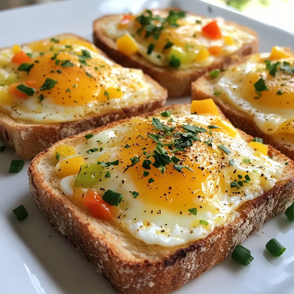 To make cheesy egg toast, gather these key ingredients: - 4 slices of whole grain bread - 4 large eggs - 1 cup shredded cheddar cheese - 1/2 cup diced bell peppers (mixed colors) - 1/4 cup chopped green onions - 1/4 teaspoon garlic powder - Salt and pepper to taste - 2 tablespoons olive oil - 1 tablespoon fresh parsley, for garnish These ingredients bring flavor and texture to your dish. Whole grain bread adds heartiness, while the eggs provide protein. The cheddar cheese melts beautifully and adds creaminess. You can make your cheesy egg toast even better with these optional add-ins: - Cooked bacon or sausage for extra protein - Spinach or kale for some greens - Diced tomatoes for freshness - Avocado slices for creaminess - Hot sauce for a spicy kick These add-ins help you customize your toast. Try different combinations to find your favorite. Here's a quick look at the nutrition for one serving of cheesy egg toast: - Calories: Approximately 300 - Protein: 15g - Carbohydrates: 30g - Fat: 15g - Fiber: 4g This dish gives a good balance of carbs and protein. It is filling and can be part of a healthy breakfast or lunch. {{ingredient_image_1}} Gather your ingredients first. You will need: - 4 slices of whole grain bread - 4 large eggs - 1 cup shredded cheddar cheese - 1/2 cup diced bell peppers (mixed colors) - 1/4 cup chopped green onions - 1/4 teaspoon garlic powder - Salt and pepper to taste - 2 tablespoons olive oil - 1 tablespoon fresh parsley, for garnish Start by preheating your oven to 375°F (190°C). Next, heat 1 tablespoon of olive oil in a frying pan over medium heat. Add the diced bell peppers and cook for about 3-4 minutes. You want them soft but not mushy. Remove them from heat and set them aside. On a baking sheet, lay out the slices of bread. Use a spoon to make a small well in the center of each slice. In a bowl, crack the eggs and whisk them lightly. Add garlic powder, salt, and pepper for flavor. Now, fill the wells with the sautéed bell peppers. Carefully pour the whisked egg into each well, filling it just below the edge. Next, sprinkle shredded cheddar cheese on top of each one. Drizzle the remaining olive oil over the toasts. This step adds extra flavor and helps them cook evenly. Place the baking sheet in the preheated oven. Bake for 12-15 minutes. You know they’re ready when the egg is set and the cheese is bubbly and golden. To make sure your Cheesy Egg Toast turns out great, follow these tips: - Check the Oven: Keep an eye on the toast while it bakes. Ovens can vary, so check for doneness a few minutes early. - Use Fresh Ingredients: Fresh eggs and veggies make a big difference in taste. - Don't Overcrowd: If you need to make more, bake in batches. This ensures even cooking. - Cool Slightly: Let the toasts cool for about a minute after baking. This helps the cheese set a bit. - Garnish: Top with chopped green onions and parsley for a fresh touch. These steps and tips will help you create a delicious Cheesy Egg Toast that everyone will love! To make cheesy egg toast perfect, follow these steps: - Preheat the Oven: Always start with a hot oven at 375°F (190°C). This helps the egg cook evenly. - Sauté the Peppers: Cook the diced bell peppers first. This softens them and adds great flavor. - Create Wells in Bread: Use a spoon to make a small well in each slice of bread. This keeps the eggs from spilling over. - Careful Egg Pouring: Pour the whisked egg slowly into the well. Fill it just below the edge to prevent overflow. - Cheese on Top: Don’t hold back on the cheese! A generous layer makes it gooey and delicious. If your cheesy egg toast doesn’t turn out right, check these tips: - Eggs Are Runny: If the eggs are not set, bake them a bit longer. Keep an eye on them to avoid burning. - Bread Is Soggy: Use thick slices of whole grain bread. Thin bread can get too soft with moist toppings. - Cheese Isn’t Melting: Try using freshly shredded cheese instead of pre-shredded. It melts better and tastes richer. - Burnt Edges: If the edges of the bread burn, move the baking sheet to a lower rack. This helps cook the toast evenly. Make your cheesy egg toast look great on the plate: - Rustic Boards: Serve the toast on a wooden board for a cozy feel. - Garnish: Add fresh parsley and diced green onions on top for color. - Side Dishes: Pair with avocado slices or cherry tomatoes for freshness. This adds color and nutrition. - Fun Plating: Arrange the toast in a circle, or place them in a line. This makes the dish more appealing. Pro Tips Use Fresh Ingredients: Fresh bell peppers and eggs make a significant difference in flavor. Opt for organic or locally sourced produce when possible. Experiment with Cheese: While cheddar is delicious, try mixing in other cheeses like mozzarella or feta for a unique twist on flavor. Adjust Cooking Time: Depending on your oven, you may need to adjust baking time slightly. Keep an eye on the cheese to ensure it doesn't over-brown. Make it Your Own: Add other toppings like diced tomatoes, spinach, or even cooked bacon for extra flavor and texture. {{image_2}} If you want a veggie-packed cheesy egg toast, you have great choices. Swap out the bell peppers for sautéed spinach or mushrooms. You can also add diced tomatoes or zucchini for extra flavor. Don't forget to sprinkle in some fresh herbs like basil or thyme to brighten it up. For those who crave more protein, consider adding cooked bacon or sausage. You can also mix in some beans or chickpeas. These options boost your toast's protein and make it more filling. Just remember to adjust the cooking time slightly if you add raw meat to ensure it's cooked through. If you like spice, try adding jalapeños or a dash of hot sauce to your egg mix. You could also use pepper jack cheese instead of cheddar for a kick. For an extra layer of flavor, sprinkle smoked paprika or chili flakes on top before serving. These small changes make a big impact on taste. To keep your cheesy egg toast fresh, store it in an airtight container. Make sure it cools down first. This helps keep moisture in but prevents sogginess. Place a paper towel in the container to absorb extra moisture. You can store it in the fridge for up to three days. When you want to enjoy your leftovers, reheat them in the oven. Set the oven to 350°F (175°C). Place the slices on a baking sheet. Heat for about 10 minutes, or until warm. You can also use a microwave. Heat for 30 seconds at a time, checking often. This keeps the cheese from becoming tough. If you want to freeze cheesy egg toast, wrap each slice in plastic wrap. Then place them in a freezer bag. They can last up to a month in the freezer. When ready to eat, thaw them in the fridge overnight. Reheat as mentioned before. This way, you’ll always have a tasty meal ready to go. Yes, you can use many types of cheese! Cheddar is great, but try mozzarella, gouda, or even feta. Each cheese brings a unique taste and texture. Mix and match to find your favorite combo. I love using a blend of cheeses for a richer flavor. To make cheesy egg toast ahead, prepare the bread and toppings first. Sauté the bell peppers and fill the bread wells with them. You can even whisk the eggs and season them. Store everything in the fridge until you are ready to bake. When you want to eat, just pour the eggs in and bake. It saves time and still tastes fresh! If you don't have whole grain bread, use white, sourdough, or rye. Each bread type changes the taste and texture slightly. Gluten-free bread works too if you need that option. Just choose your favorite bread, and enjoy your cheesy egg toast! In this article, we explored how to make delicious cheesy egg toast. We covered essential ingredients and optional flavor add-ins. You learned step-by-step baking instructions and key cooking techniques for great results. I shared tips for serving and common mistakes to avoid. Plus, there were tasty variations to try, and storage tips for leftovers. Cheesy egg toast is versatile and easy to make. It can fit any meal. Enjoy experimenting with different flavors and techniques to find your favorite!
